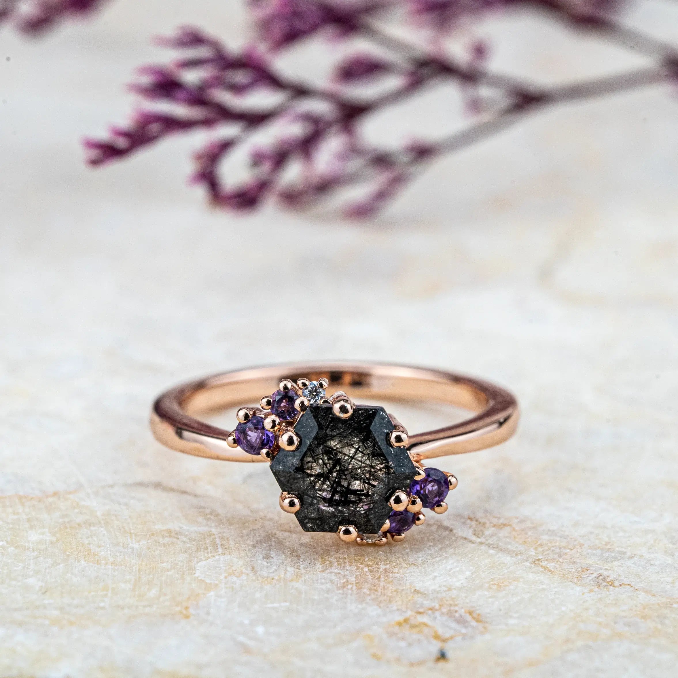 Hexagon Cut Natural Black Rutilated Quartz Rings Cluster Engagement Rings