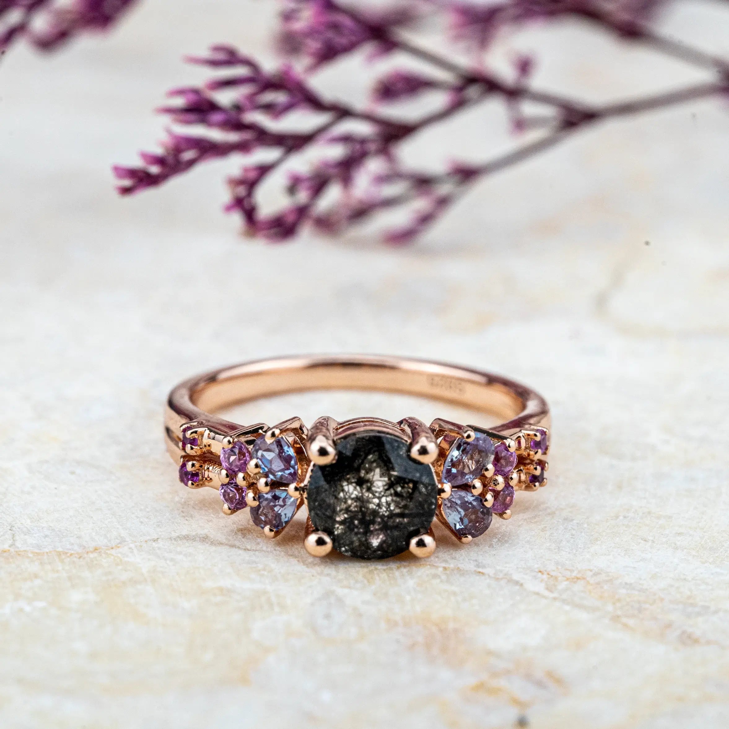 Handcrafted 14K Rose Gold Engagement Ring with Round Cut Black Rutilated Quartz - Custom Made, Elegant Design Promise Ring Anniversary Gift