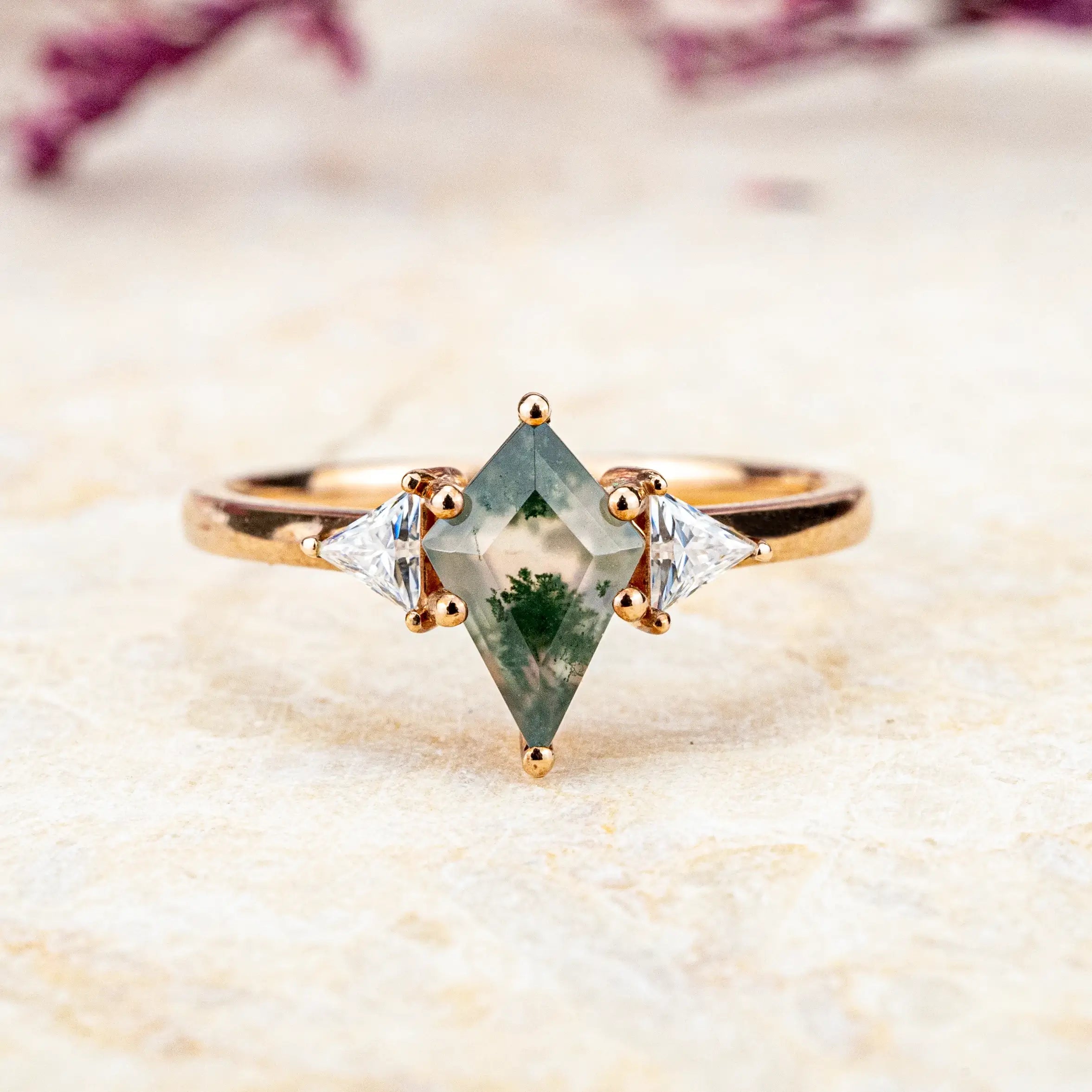 Modern Luxury Three Stone Ring Kite Cut Moss Agate Ring For Women  with anniversary ring