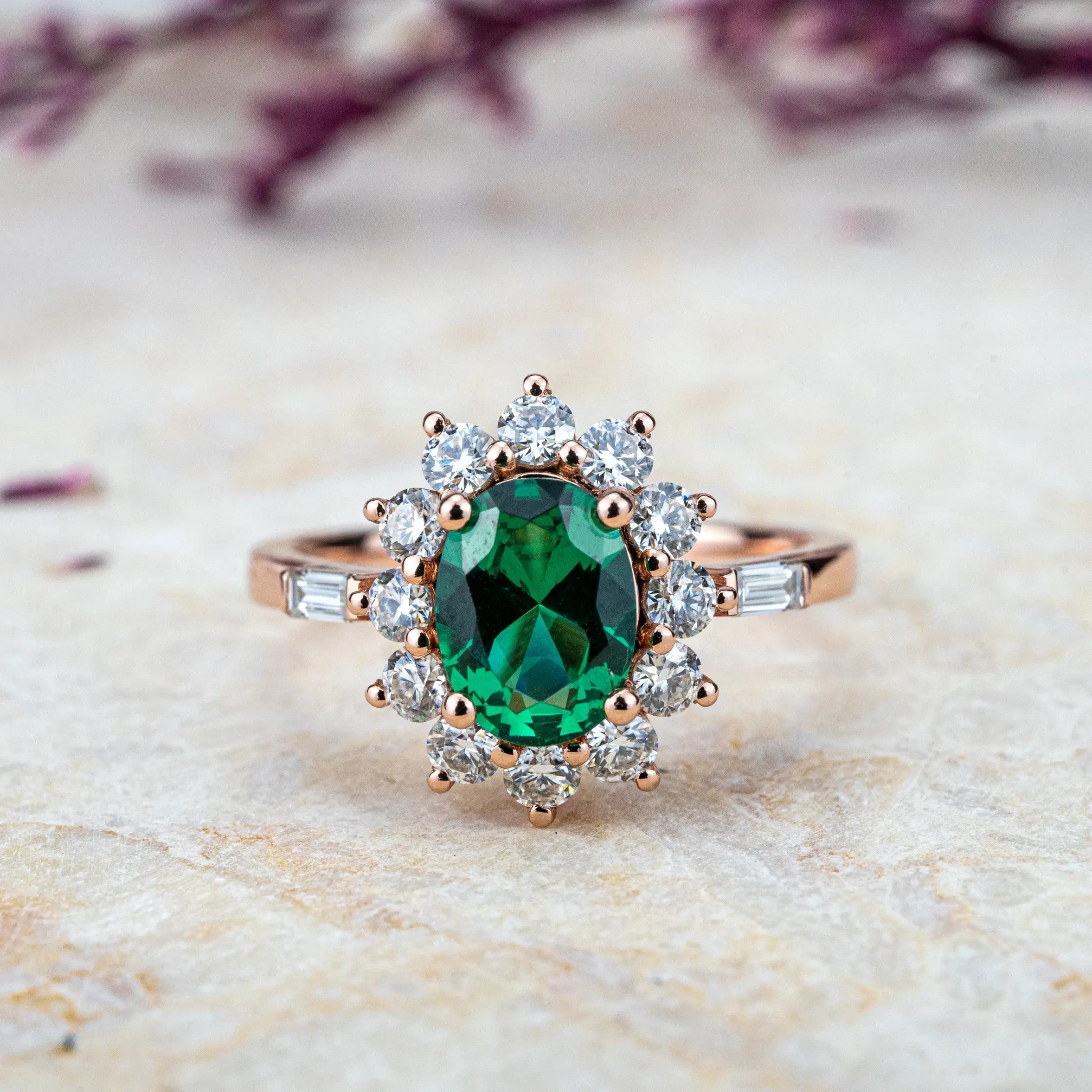 Emerald Sunburst Ring Oval Green Gemstone Engagement Rings Custom Promise 14k Rose Gold Ring Unique Wedding Band Anniversary Gifts For Women