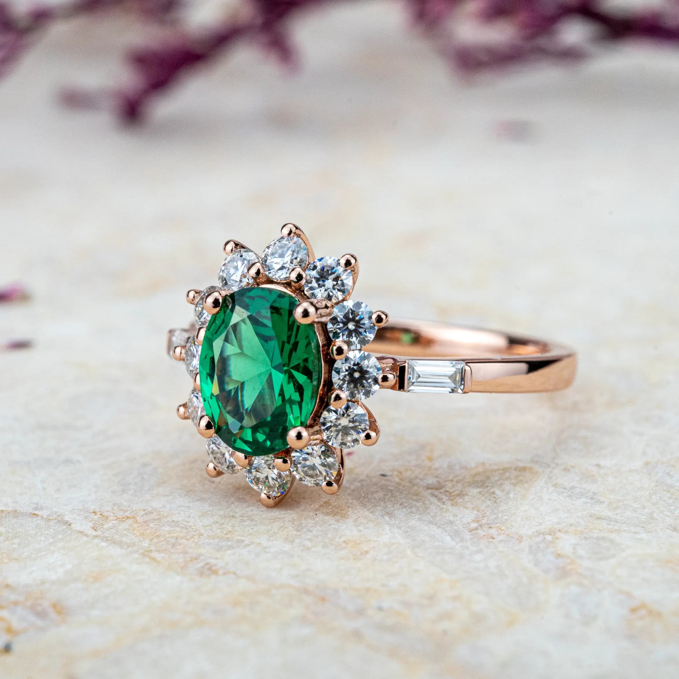 Emerald Sunburst Ring Oval Green Gemstone Engagement Rings Custom Promise 14k Rose Gold Ring Unique halo ring flora ring best