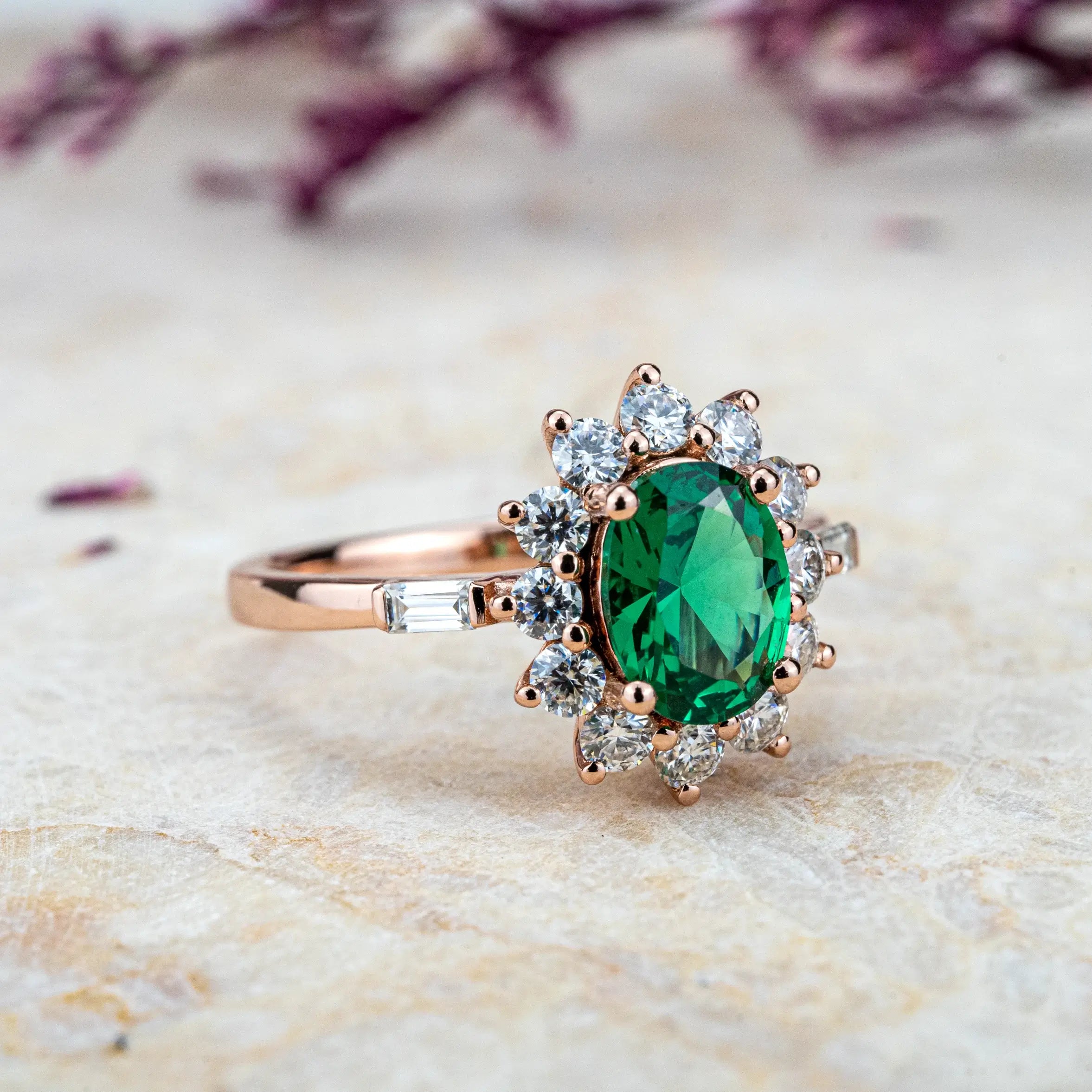 Emerald Sunburst Ring Oval Green Gemstone Engagement Rings Custom Promise 14k Rose Gold Ring Unique halo ring flora ring