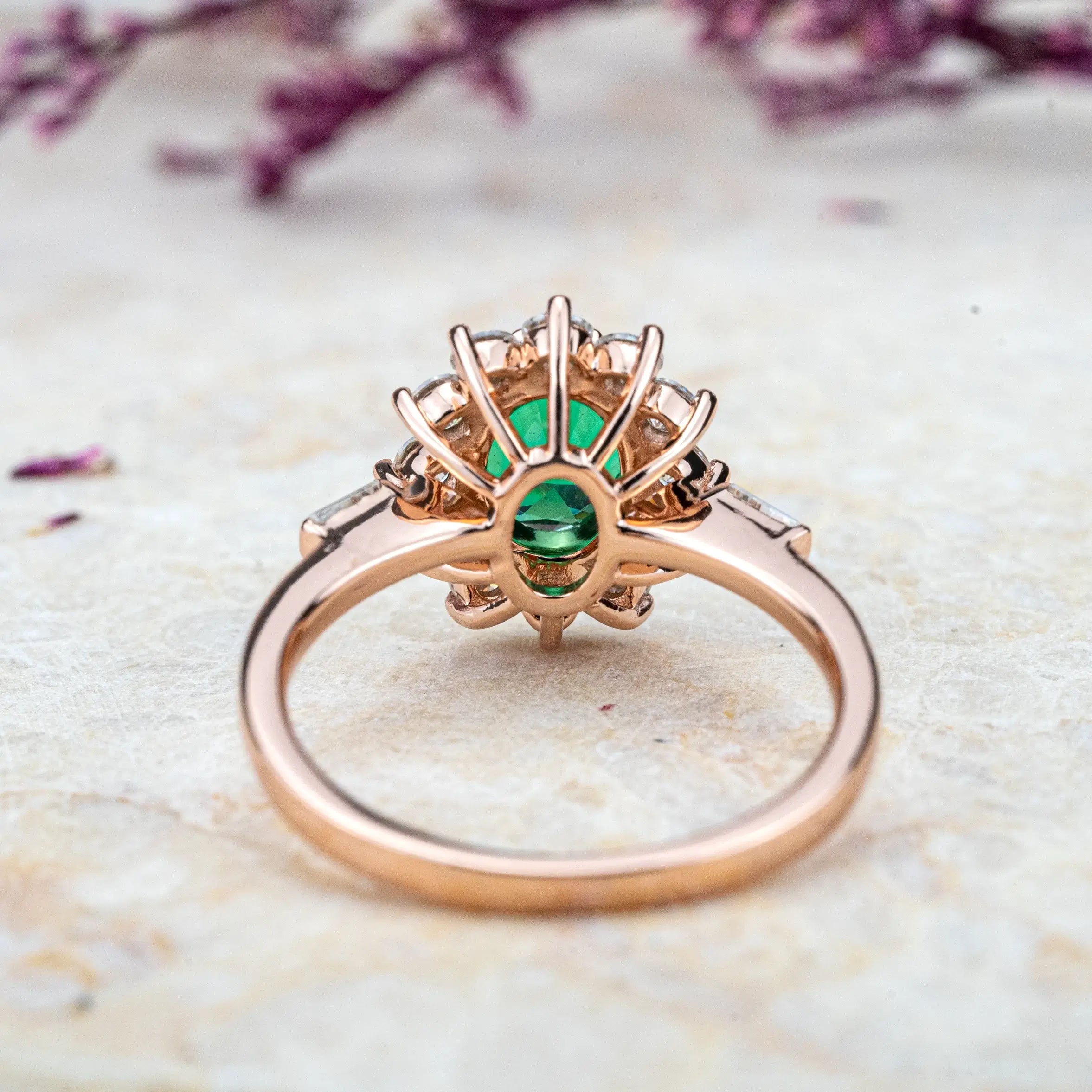 Emerald Sunburst Ring Green Gemstone Engagement Rings Halo Ring