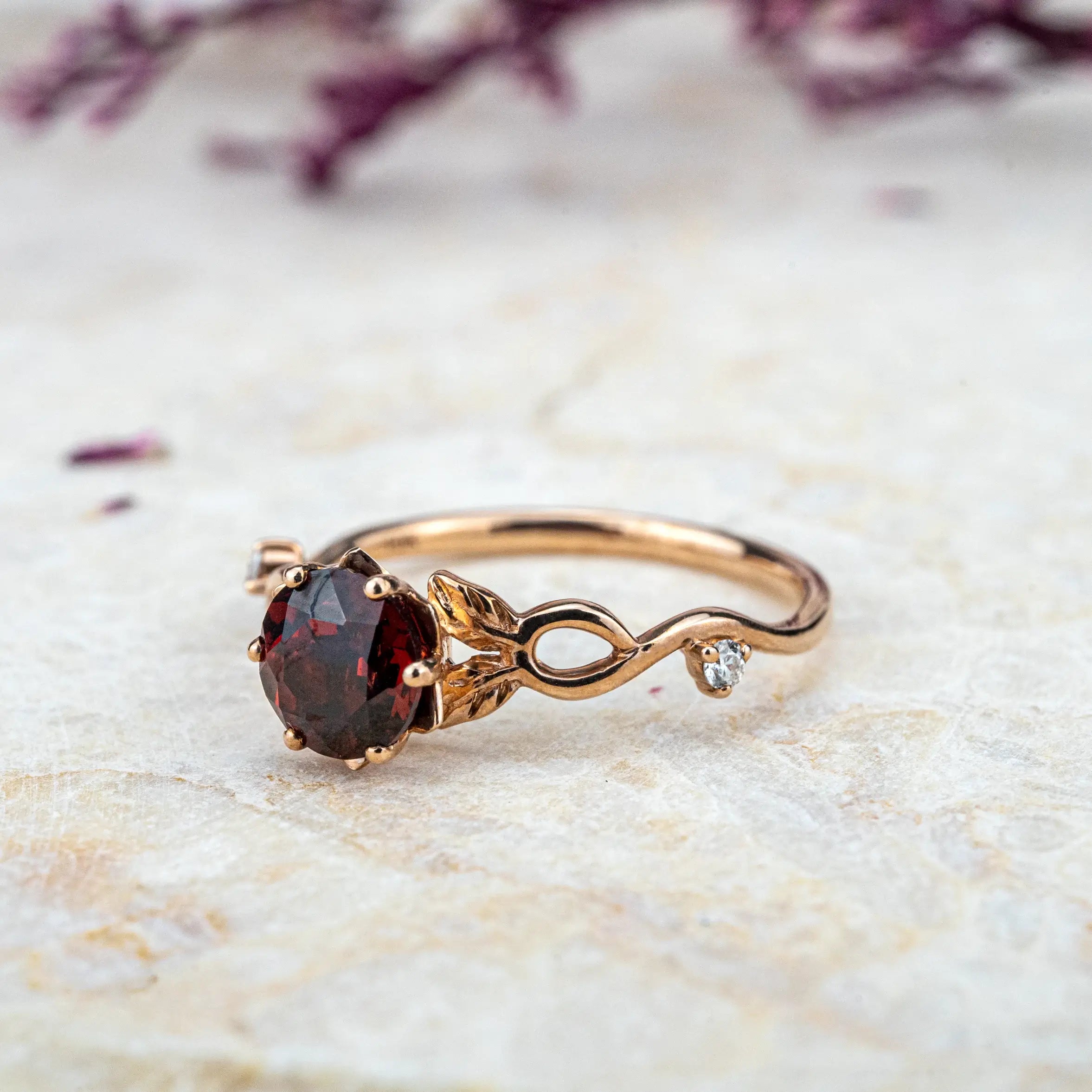 Round Cut Red Garnet Engagement Ring Fresh Leaf Ring Custom rose gold ring for women anniversary ring best promise gift