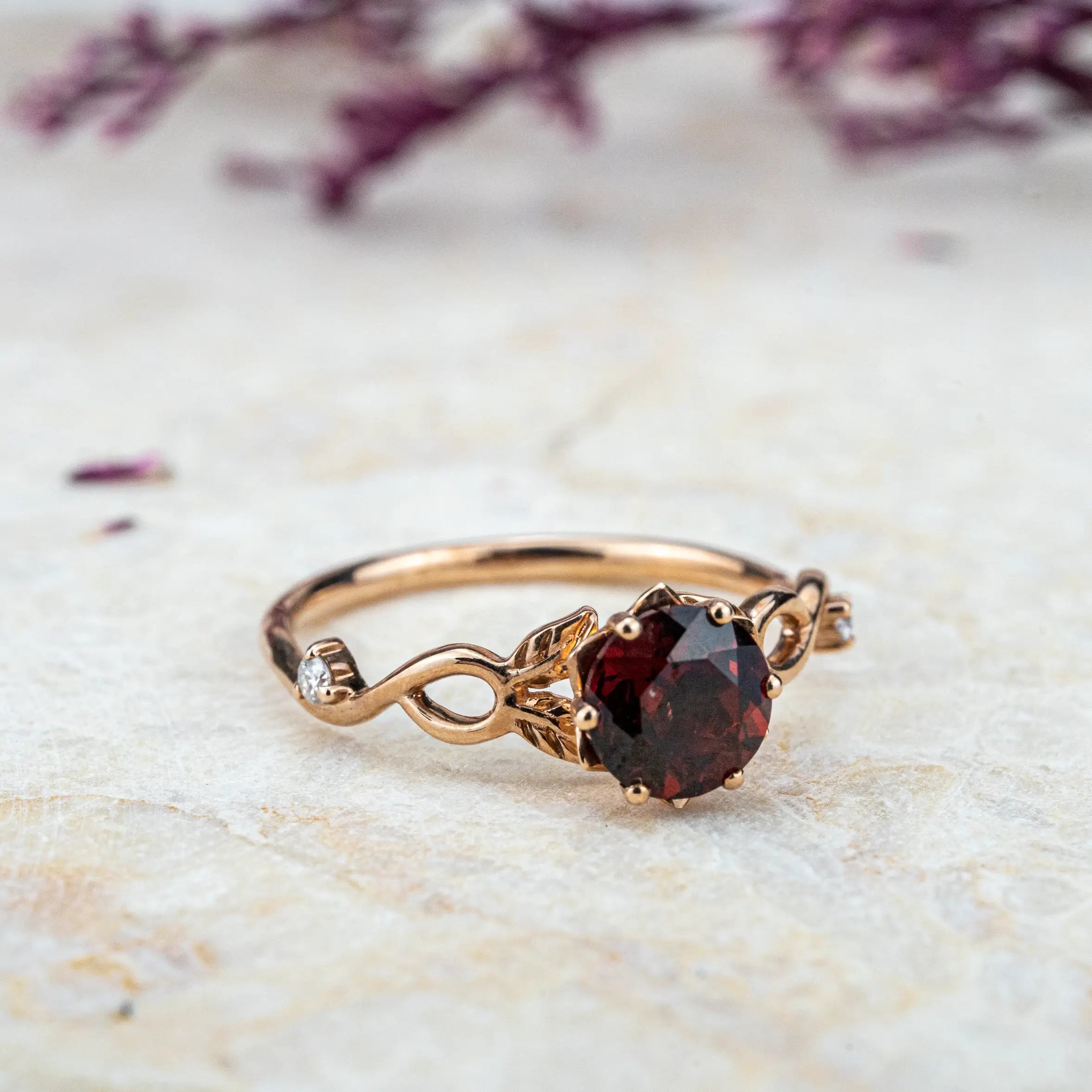 Round Cut Red Garnet Engagement Ring Fresh Leaf Ring Custom rose gold ring for women anniversary ring