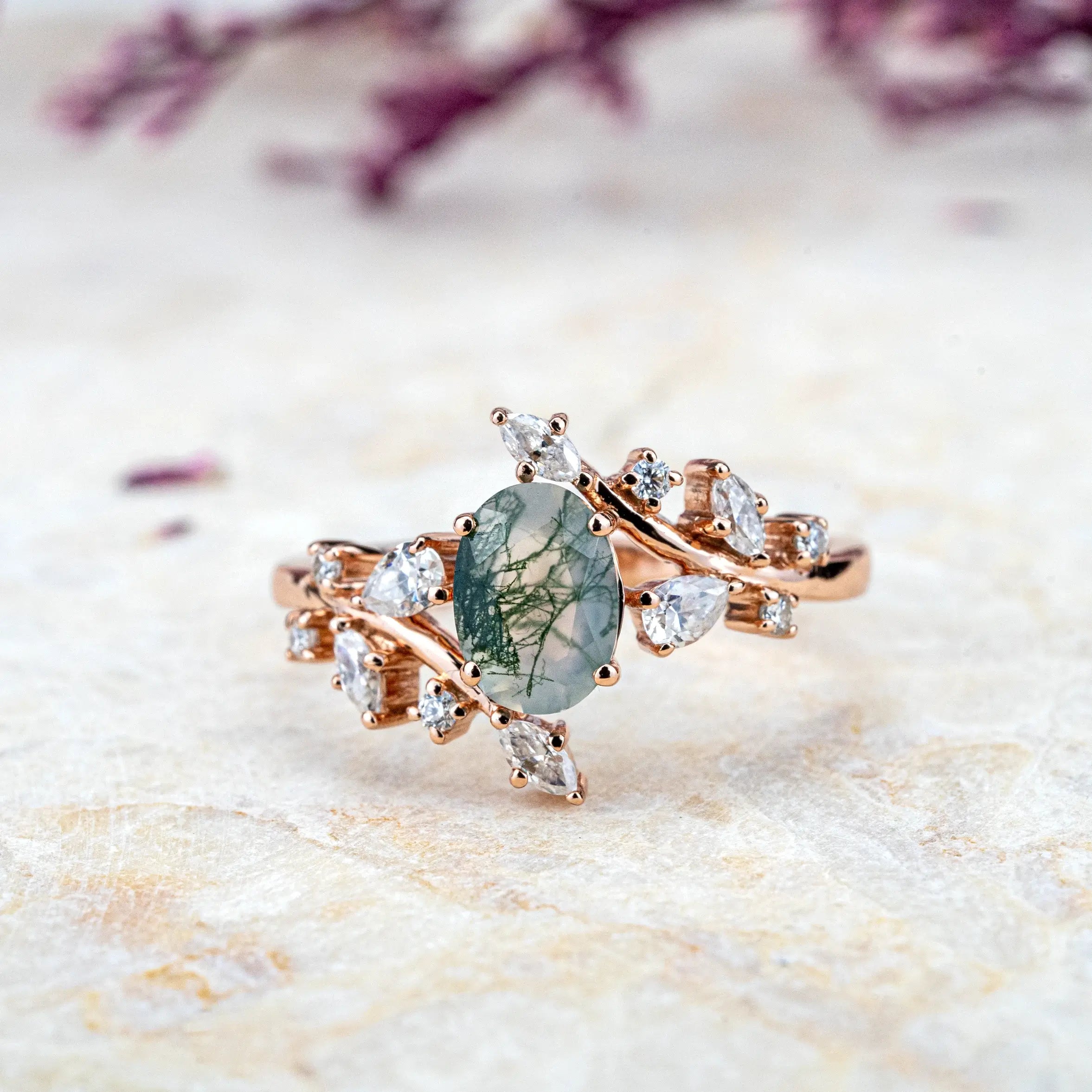 Nature Inspired Design Flora Rings Oval Cut Moss Agate Ring For Ladies anniversary ring best gift