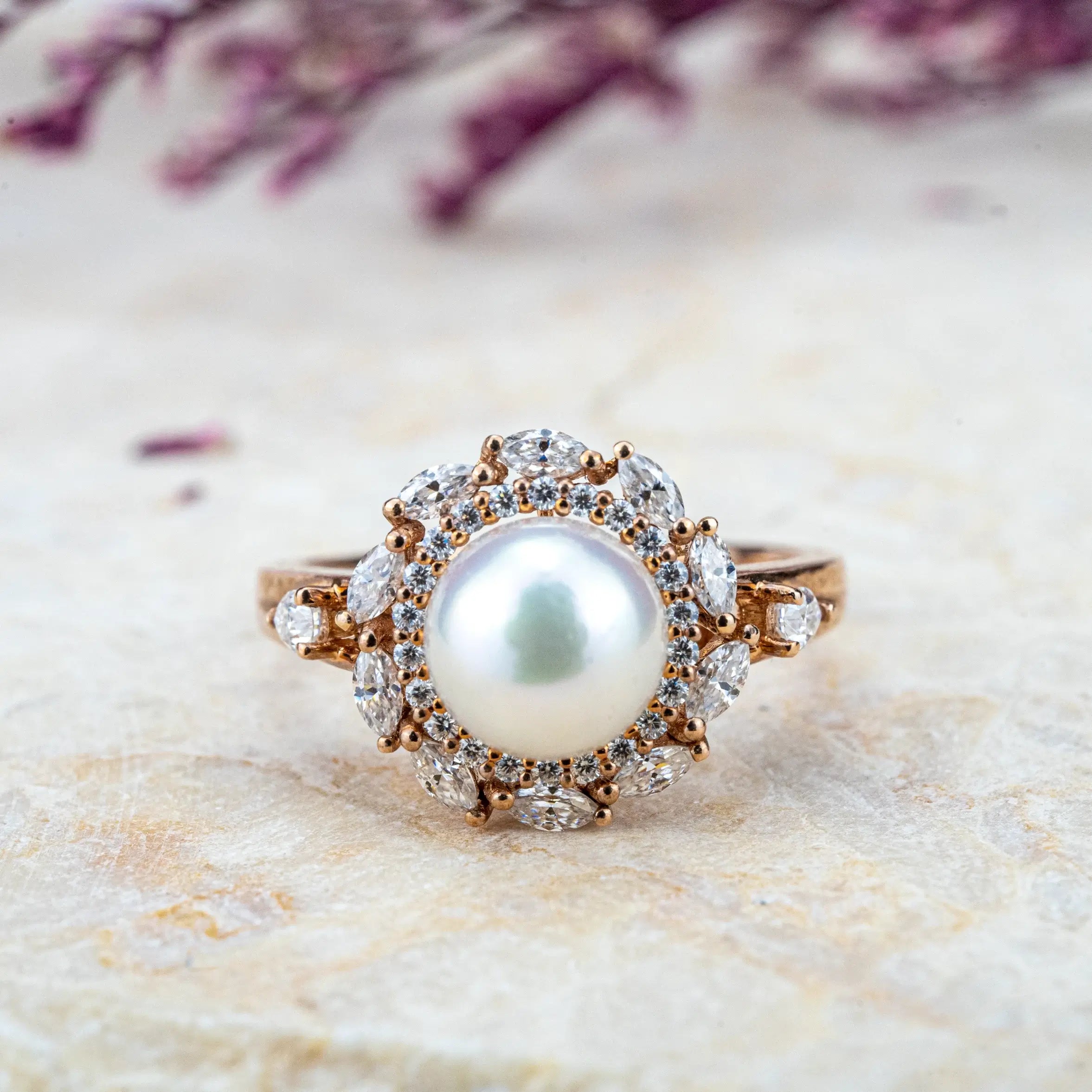 Pearl Blossom Ring - Ethereal Akoya Pearl & Moissanite Petals Ring hahalo rings flora rings for women gift