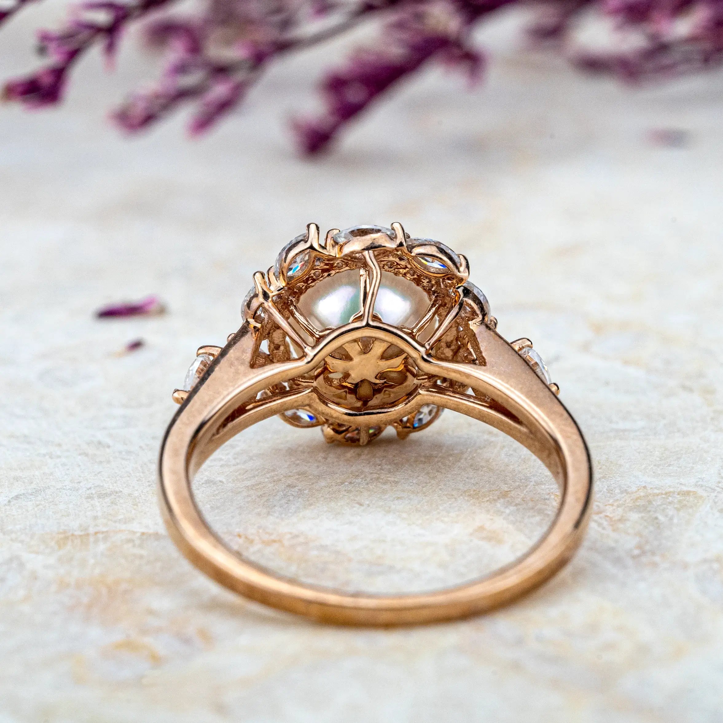 Pearl Blossom Ring - Ethereal Akoya Pearl & Moissanite Petals Ring