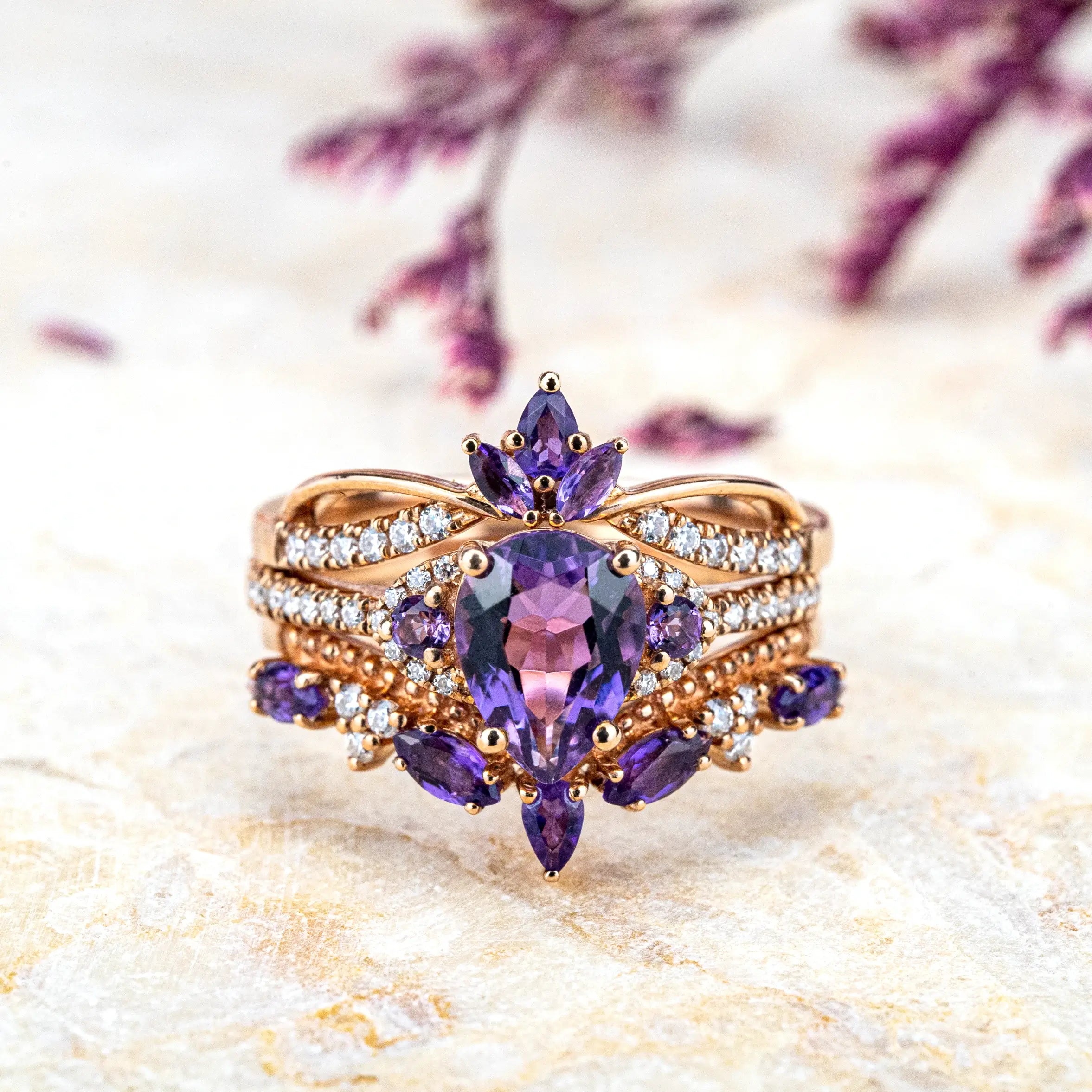 Royal Amethyst Trine Rings 14k Gold Custom Engagement Rings Set Unique Vintage Classic Handmade Ring Anniversary Ring Gift promise Rings