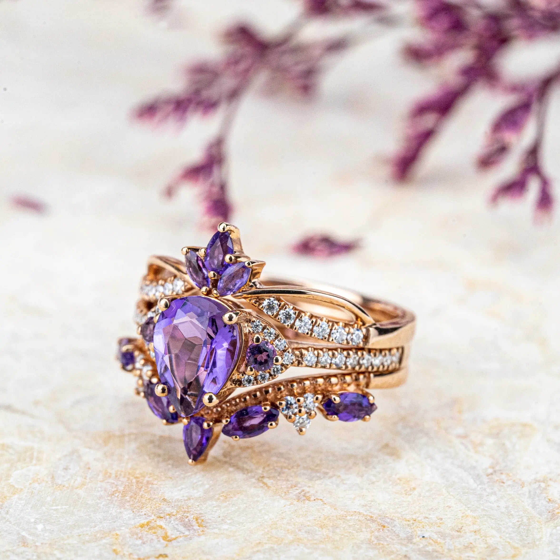 Royal Amethyst Trine Rings 14k Gold Custom Engagement Rings Set Unique Vintage Classic Handmade Ring Anniversary Ring Gift promise Rings