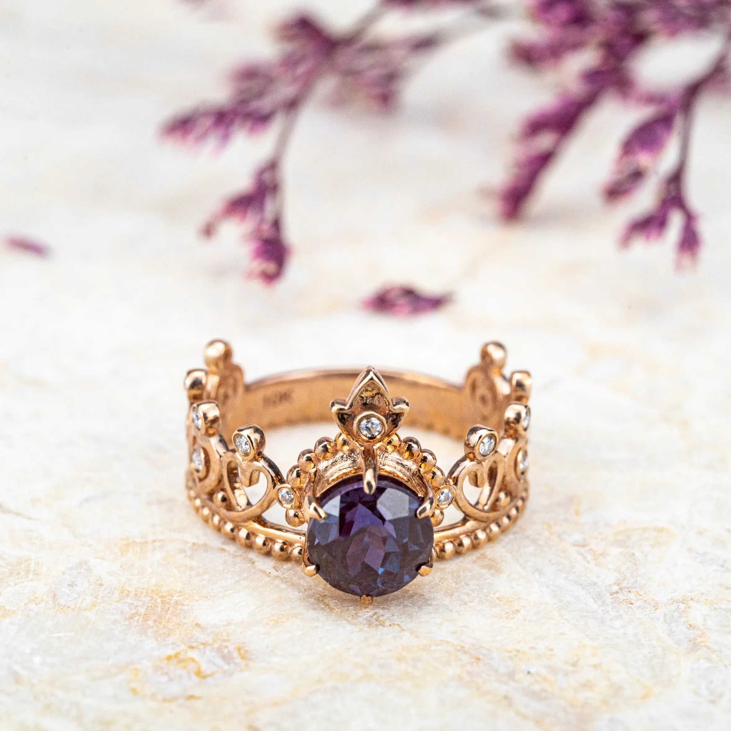 Vintage Queen Crown Engagement Ring with Round Cut Alexandrite Handcrafted Custom Promise Ring Unique Anniversary Gift Jewelry For Women