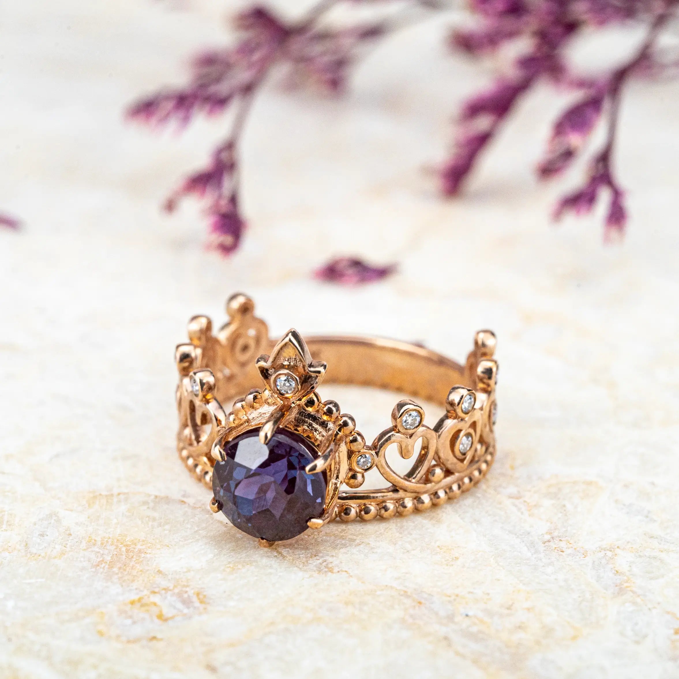 Vintage Queen Crown Engagement Ring with Round Cut Alexandrite Handcrafted Custom Promise Ring Unique Anniversary Gift Jewelry For Women