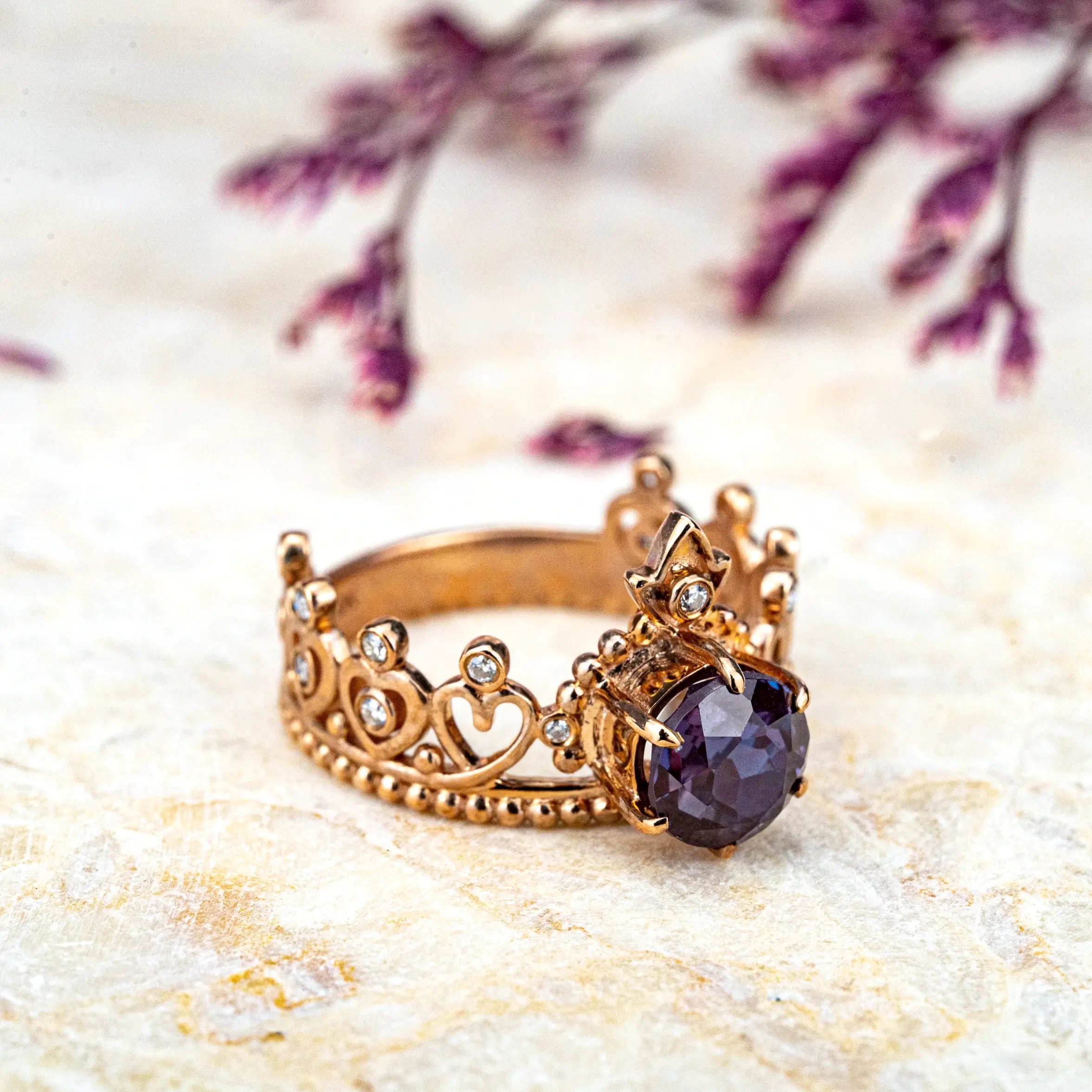 Vintage Queen Crown Engagement Ring with Round Cut Alexandrite Handcrafted Custom Promise Ring Unique Anniversary Gift Jewelry For Women