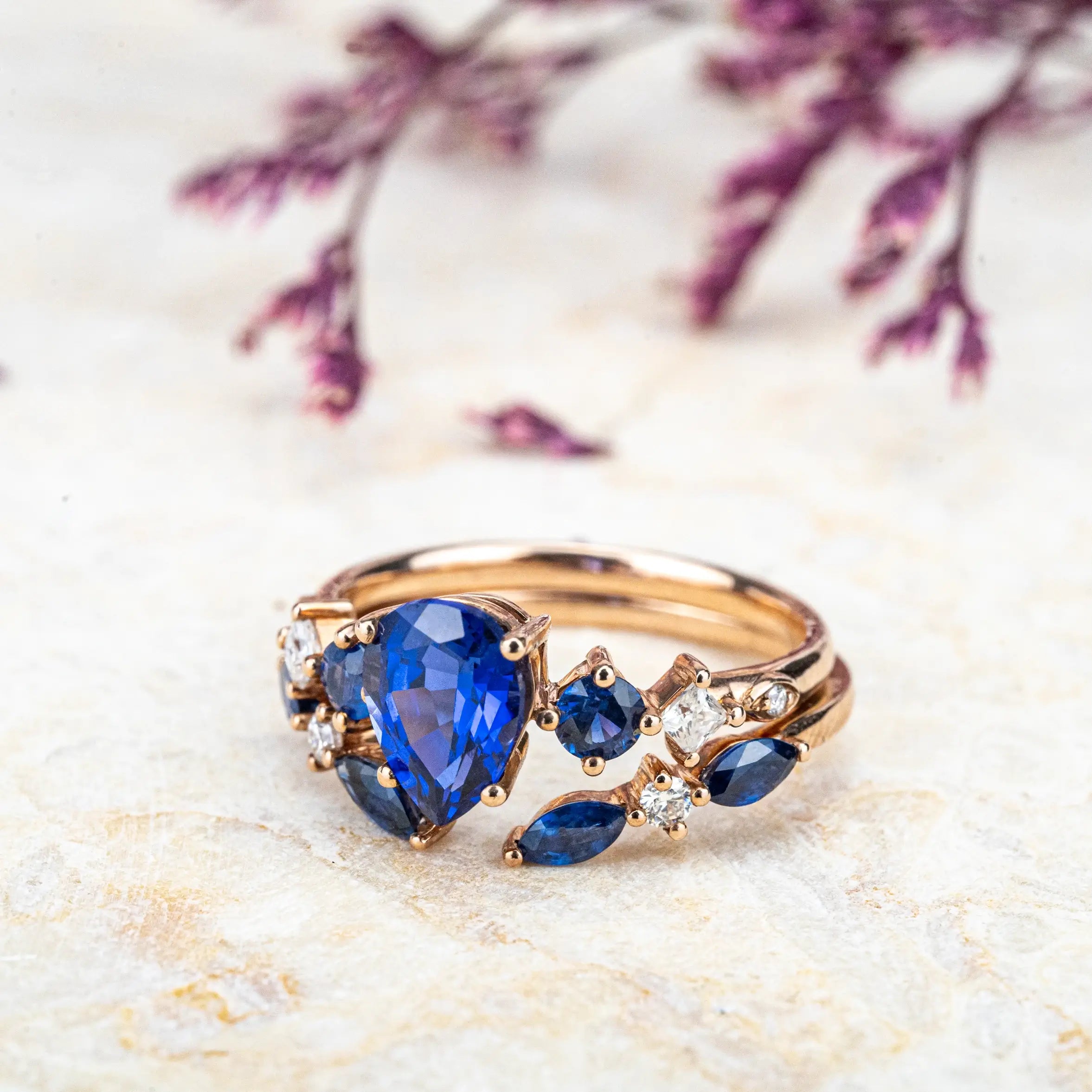 Elegant Pear-Shaped Sapphire Engagement Ring Set Handcrafted Custom Design Rose Gold Band  Luxurious and Timeless Jewelry Promise Ring Gift for her