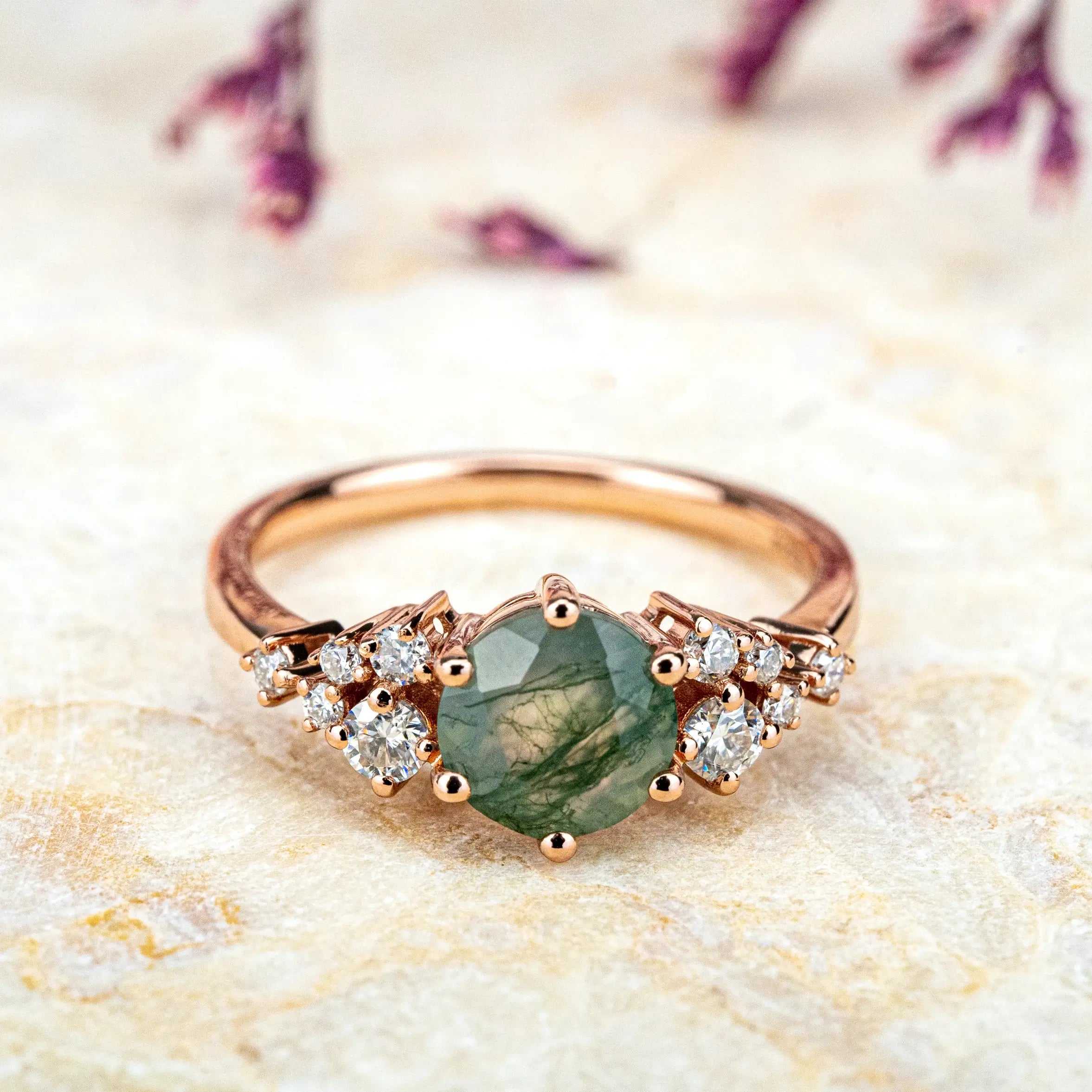 AURUMLUMINOS BRAND Best custom gemstone gold ring Round Cut Moss Agate Ring Moissanite Accents Cluster Engagement Ring