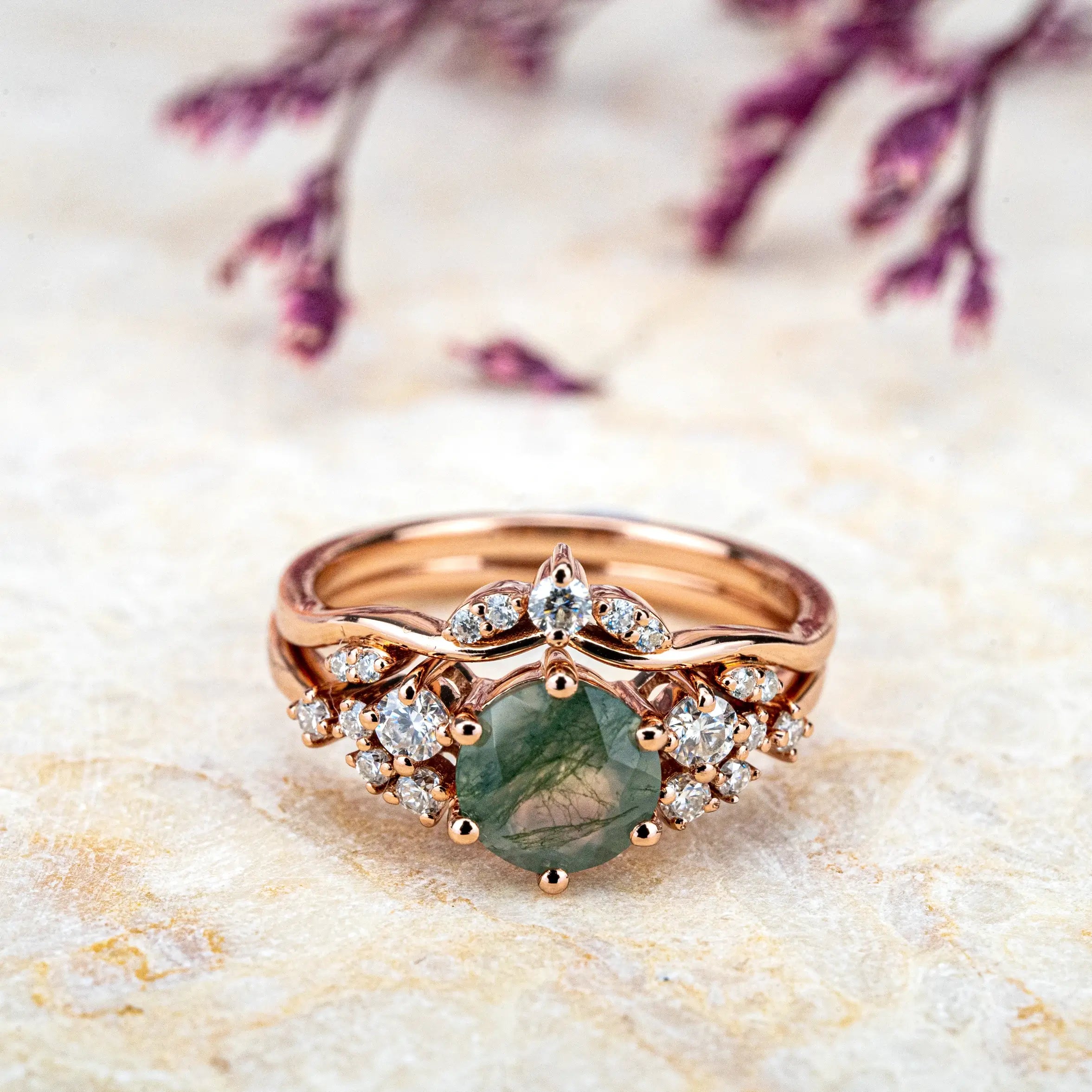 Moss Agate Ring Set Custom Moissanite Accents Cluster Ring