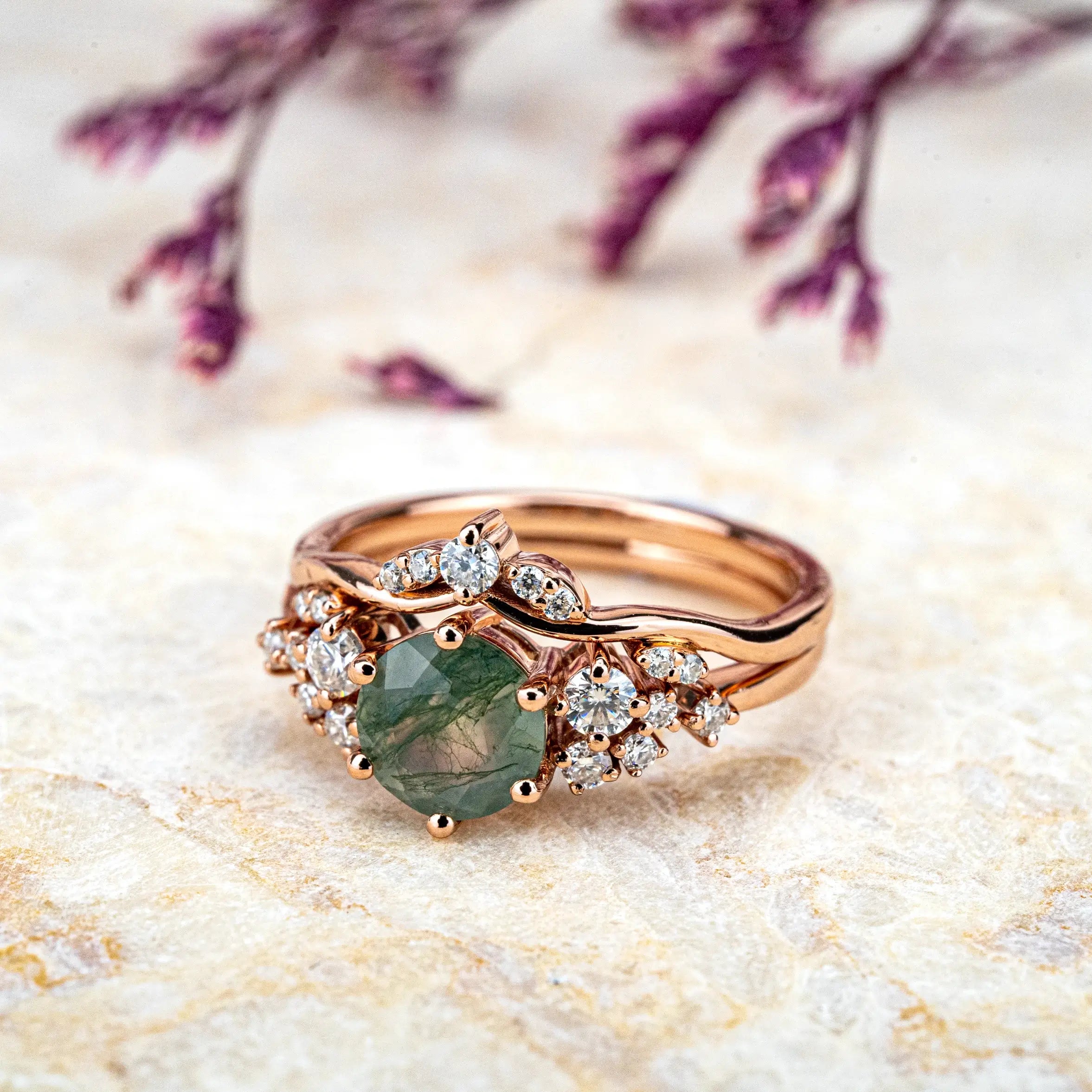 Moss Agate Ring Set Custom Moissanite Accents Cluster Ring for women gift