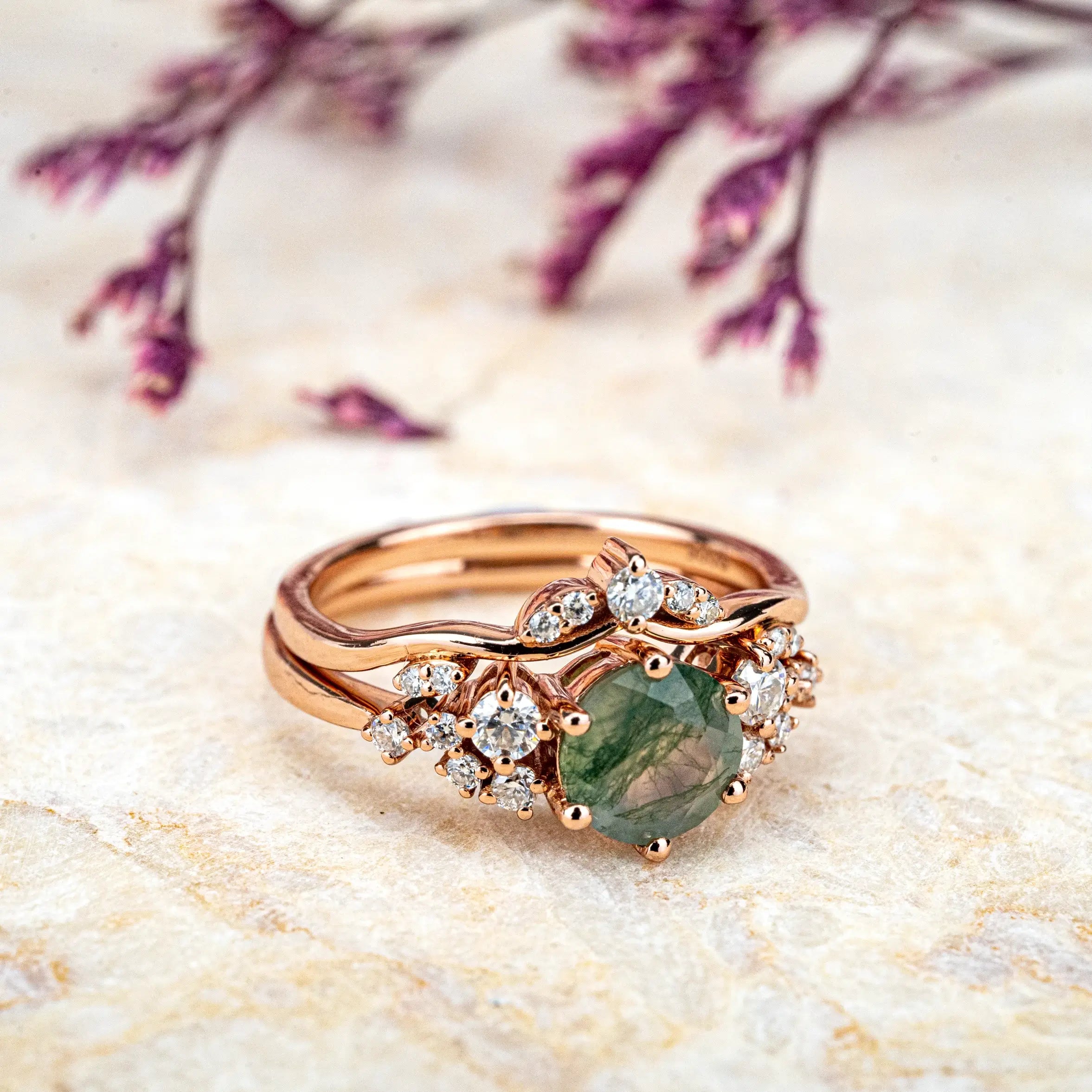 Moss Agate Ring Set Custom Moissanite Accents Cluster Ring for women gift