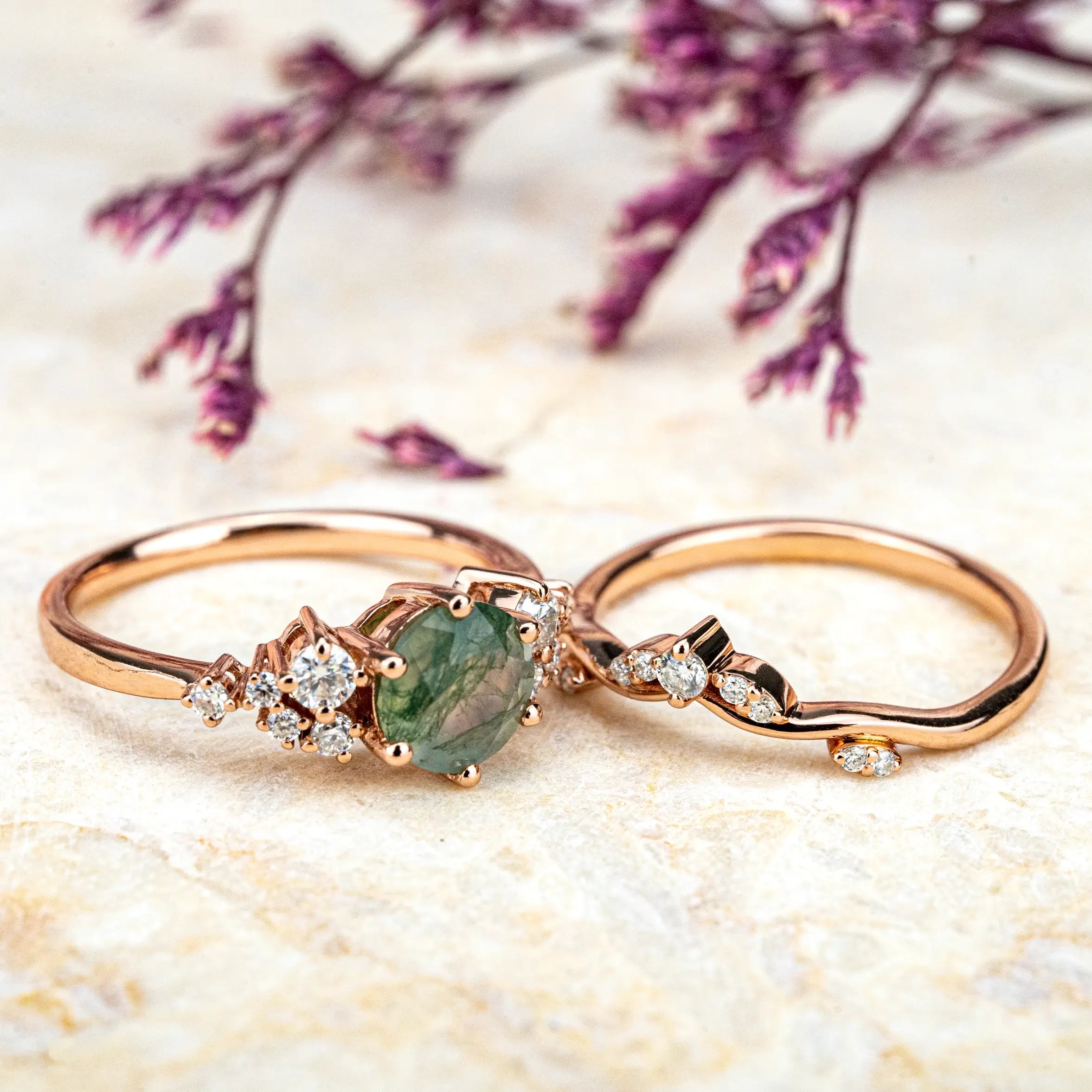 Verdantia Duo - Moss Agate Ring Set Custom Moissanite Accents Cluster Ring