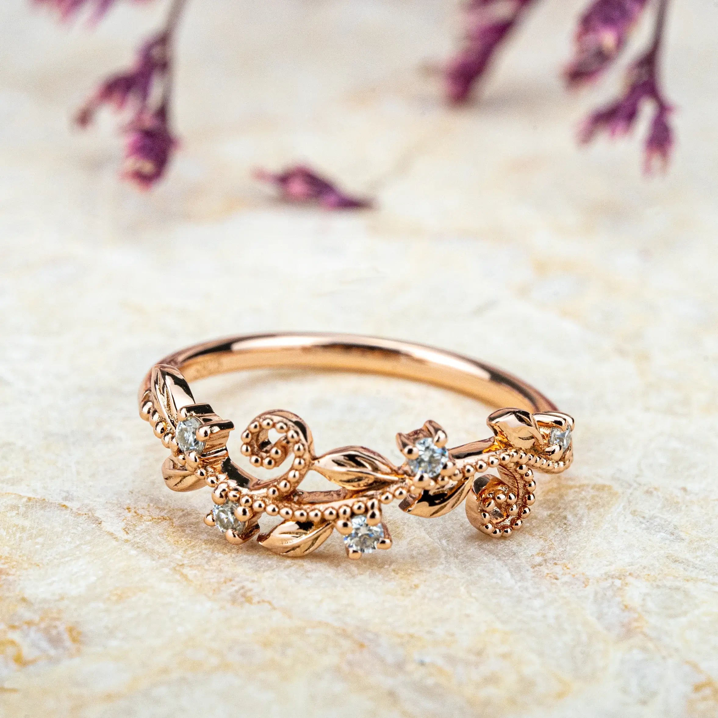 Nature-Inspired Leaf Ring Unique Diamond Wedding Band rose gold ring promise band for ladies