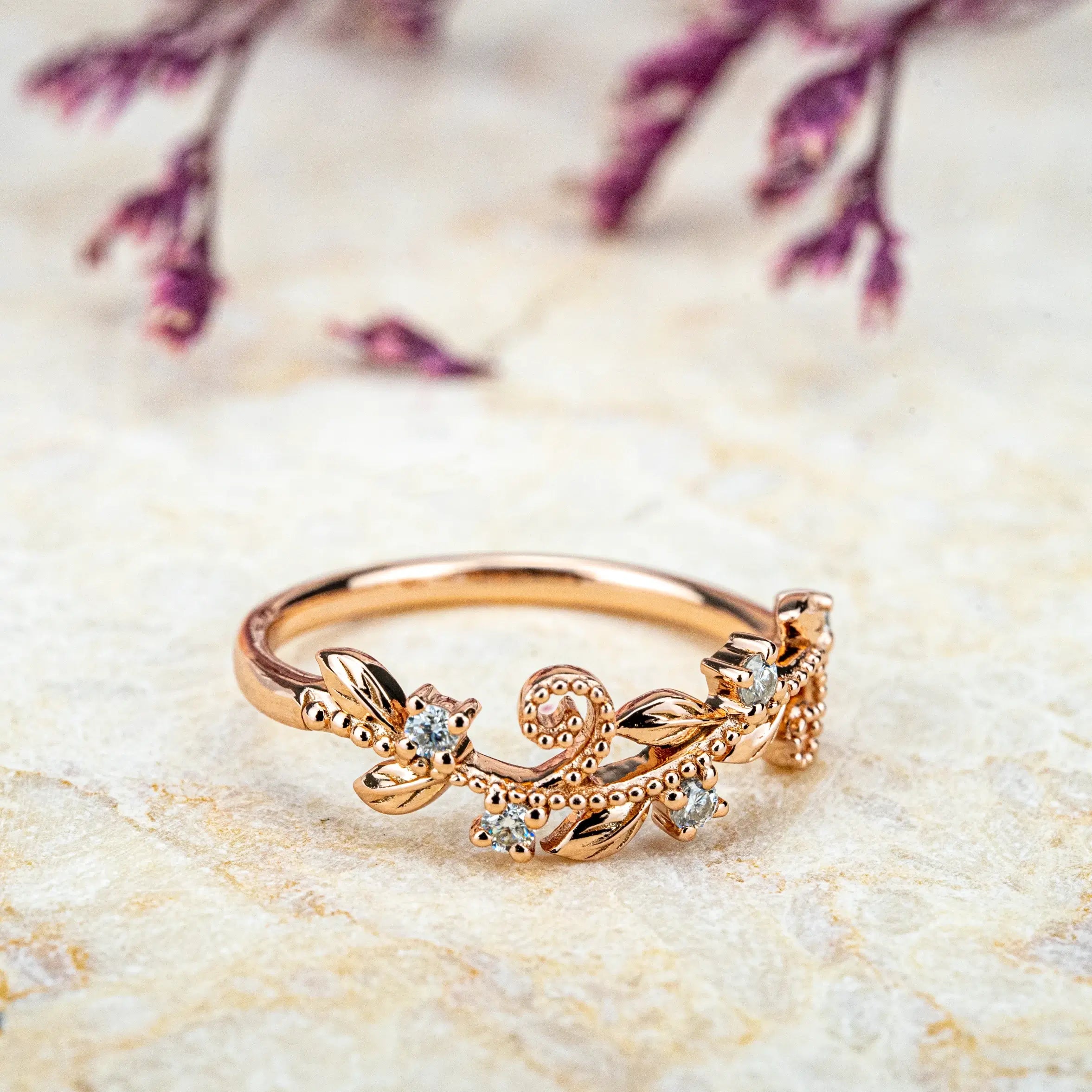 Nature-Inspired Leaf Ring Unique Diamond Wedding Band rose gold ring promise band for ladies