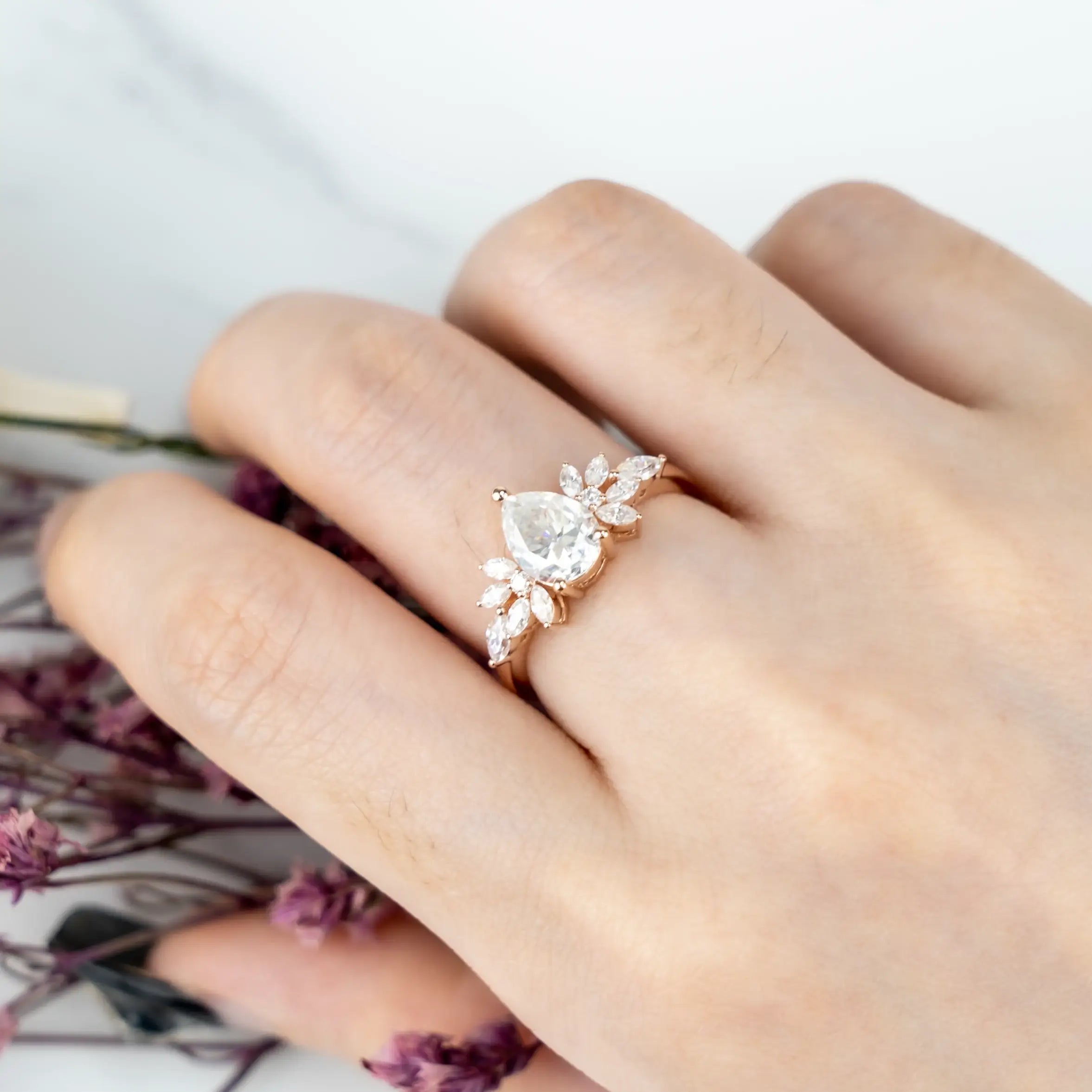 Elegant Pear Moissanite Ring 14k Gold Handcrafted Beauty with Petal-Like Accents Symbolizing Timeless Bridal Elegance & Love Promise Ring petal ring wedding band engagement ring gift