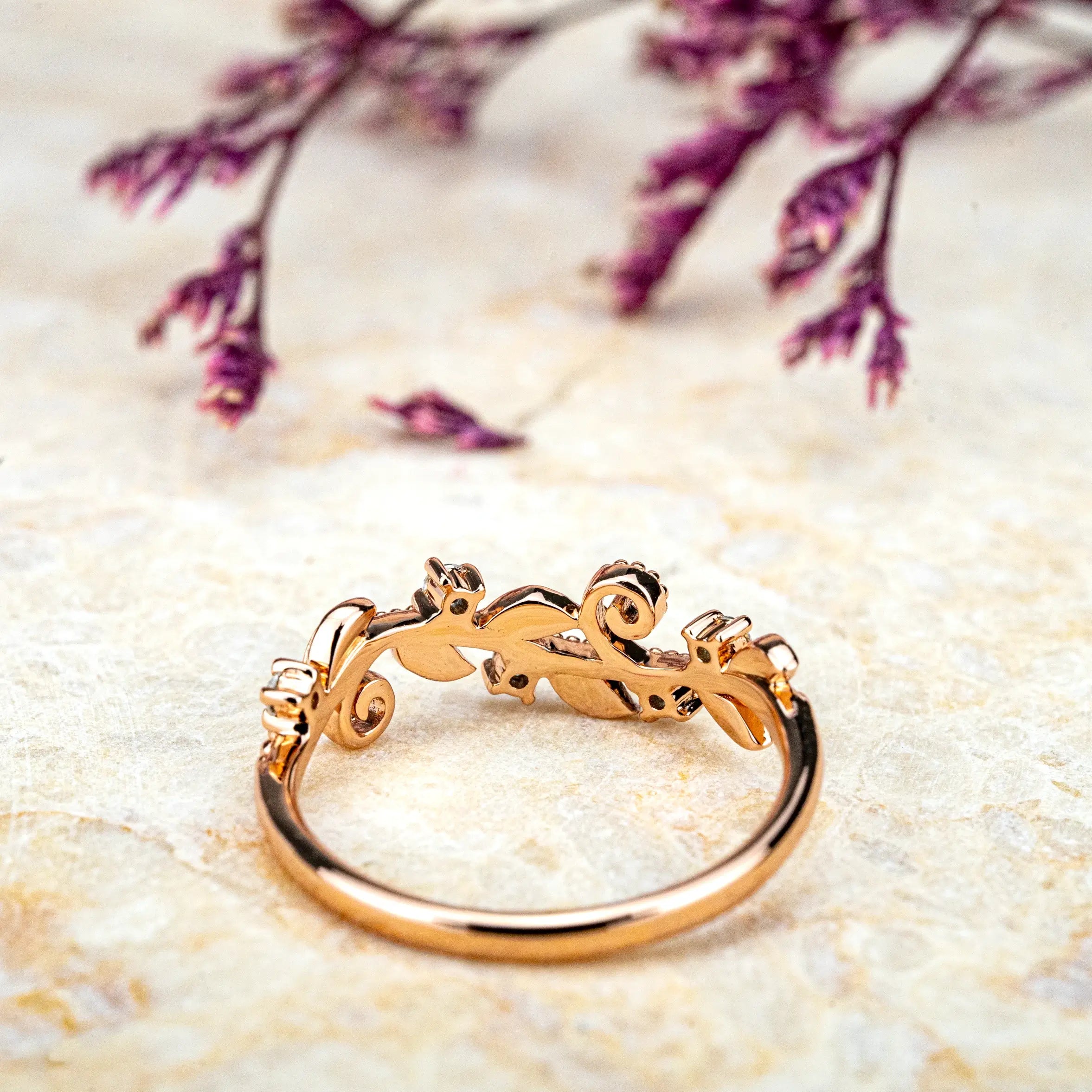 Nature-Inspired Leaf Ring Unique Diamond Wedding Band rose gold ring promise band for ladies