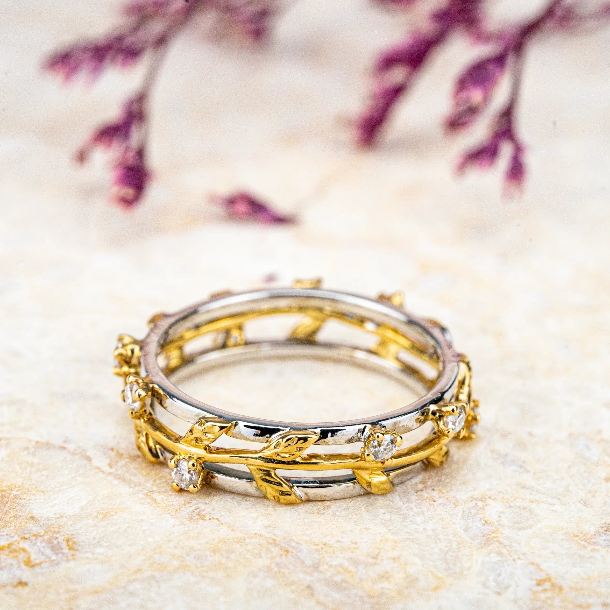 18k Gold Leaf Band Wedding Rings White and Yellow Gold Ring Custom engagement ring for women