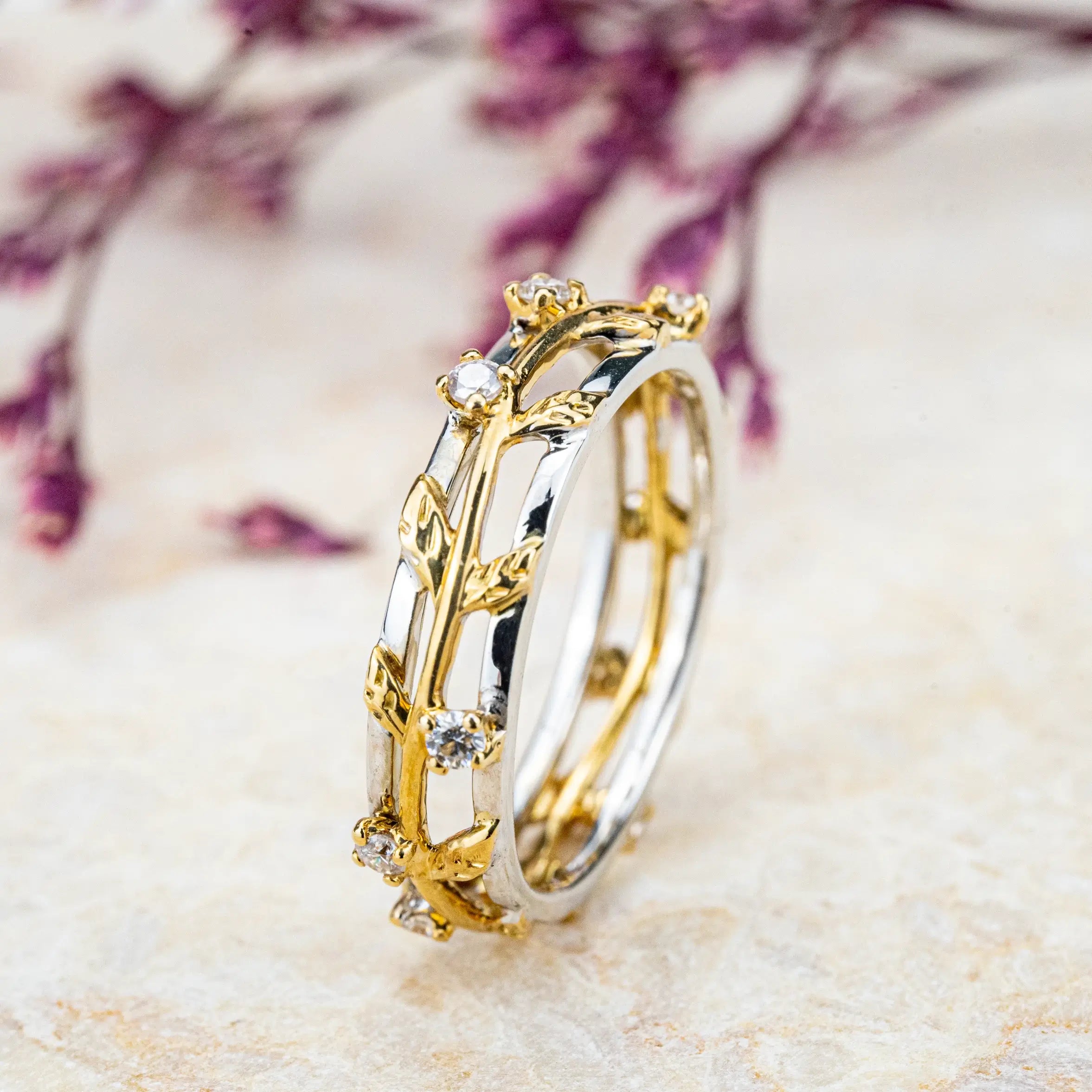 18k Gold Leaf Band Wedding Rings White and Yellow Gold Ring