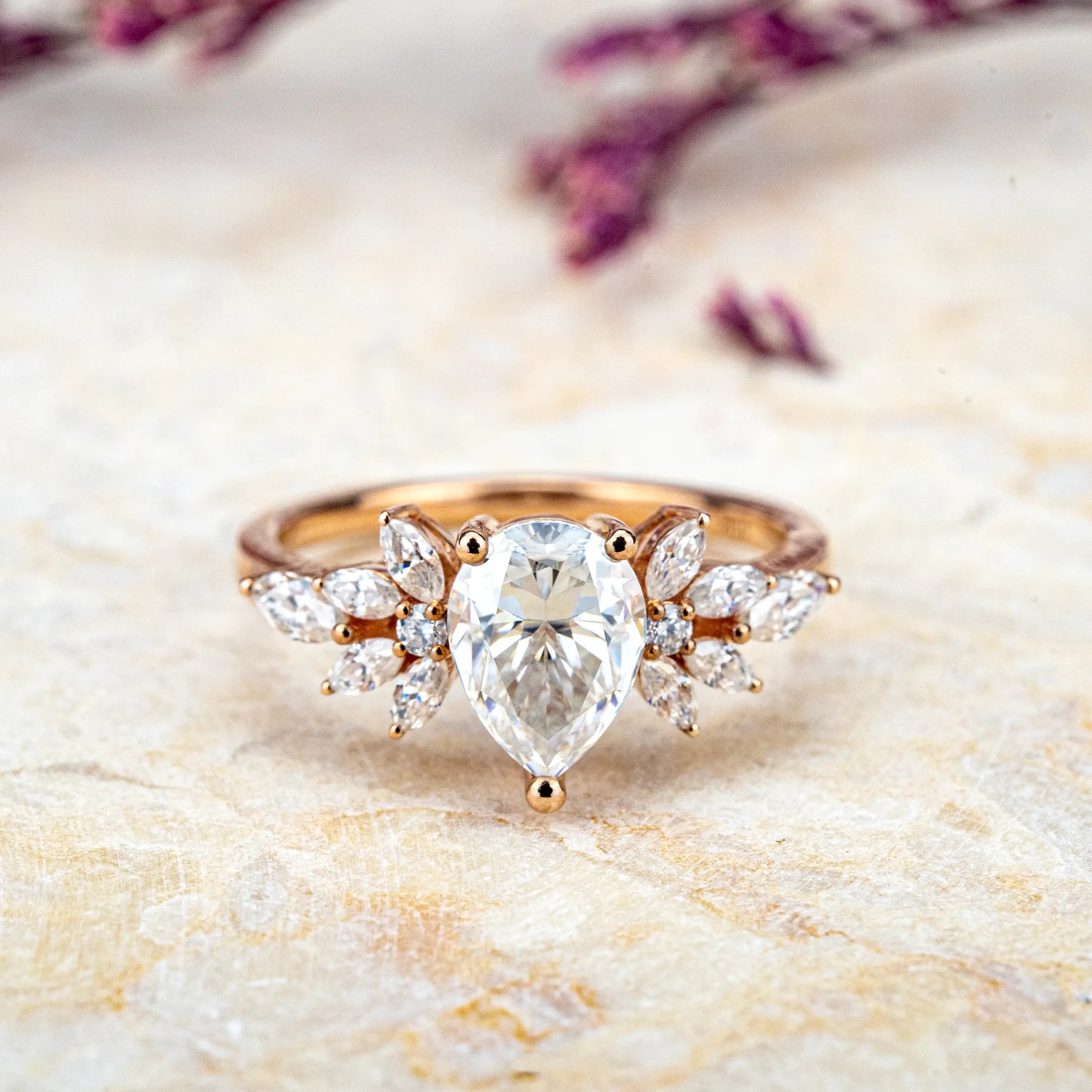 Elegant Pear Moissanite Ring 14k Gold Handcrafted Beauty with Petal-Like Accents Symbolizing Timeless Bridal Elegance & Love Promise Ring petal ring wedding band engagement ring gift