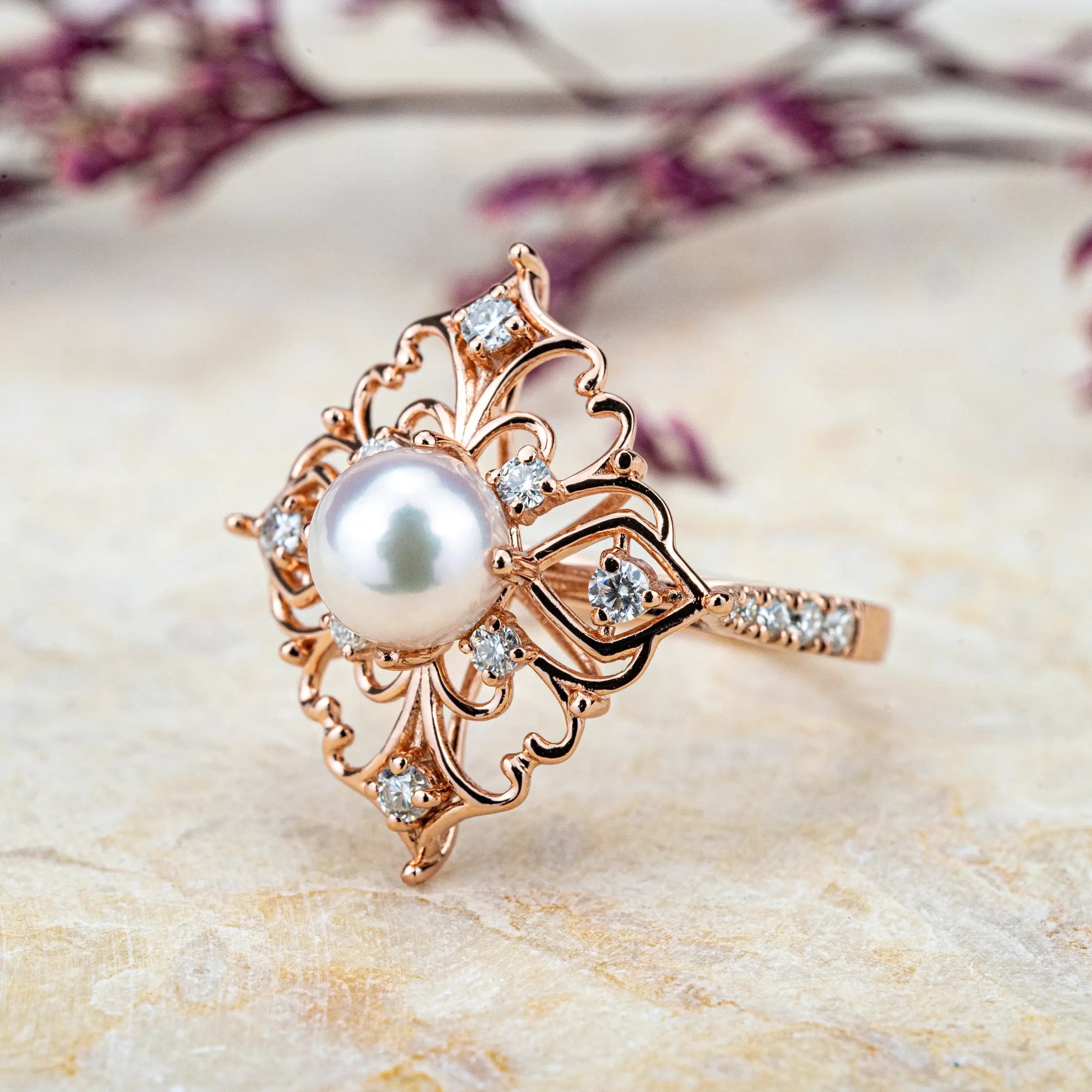 Gorgeous Akoya Pearl Ring With Unique Retro and Exaggerated Design Style Engagement Ring for women anniversary ring