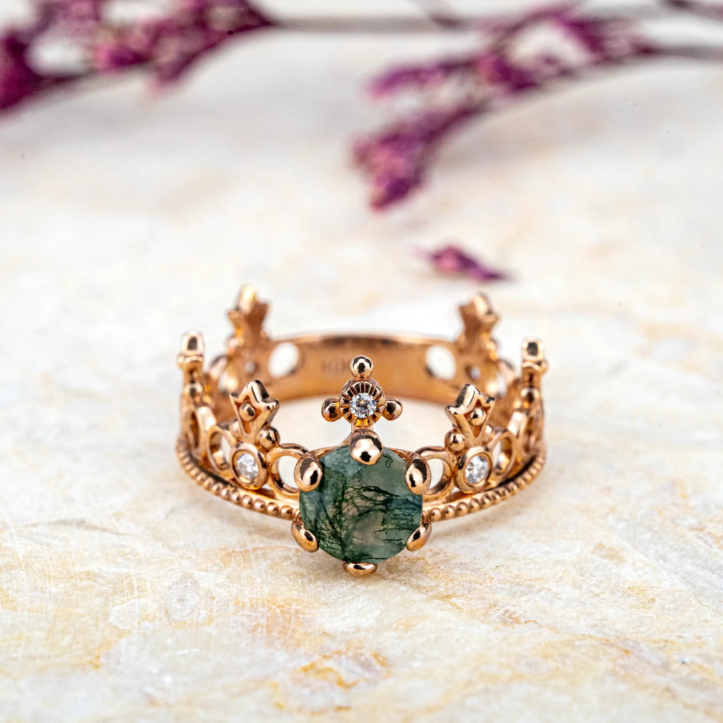 Unique Vintage Crown Ring Moss Agate Ring For Women Promise Gift Custom gold ring