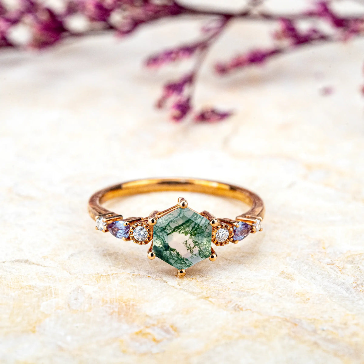 『グリーンかつお』　6点おまとめ 1ct Hexagon cut green moss agate ring solid 14k white gold