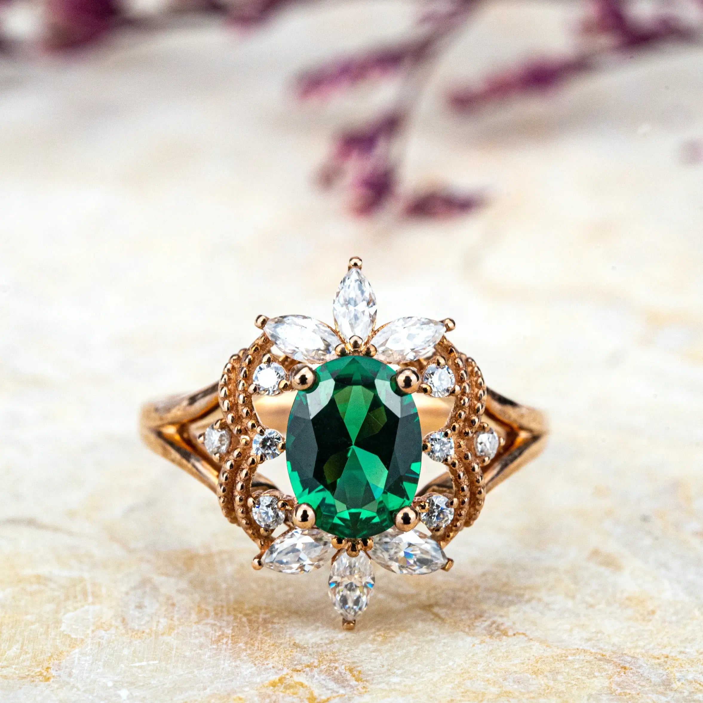 Luxurious Oval Cut Lab Emeralds Engagement Ring Lucky Ring