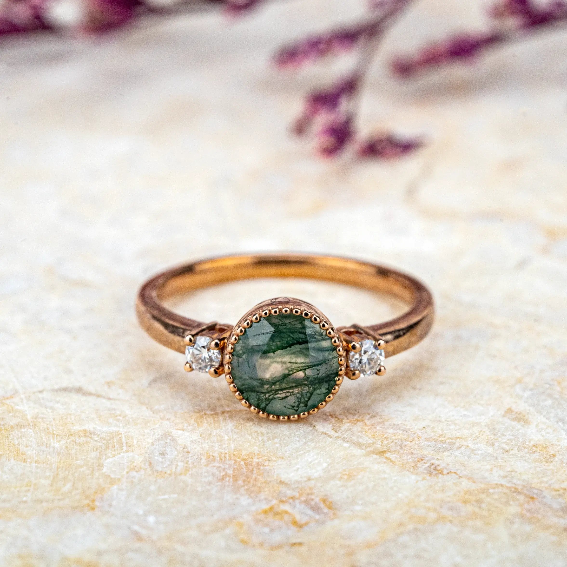 Minimalist Moss Agate Ring Three Stone Engagement Ring Custom UNique promise Ring