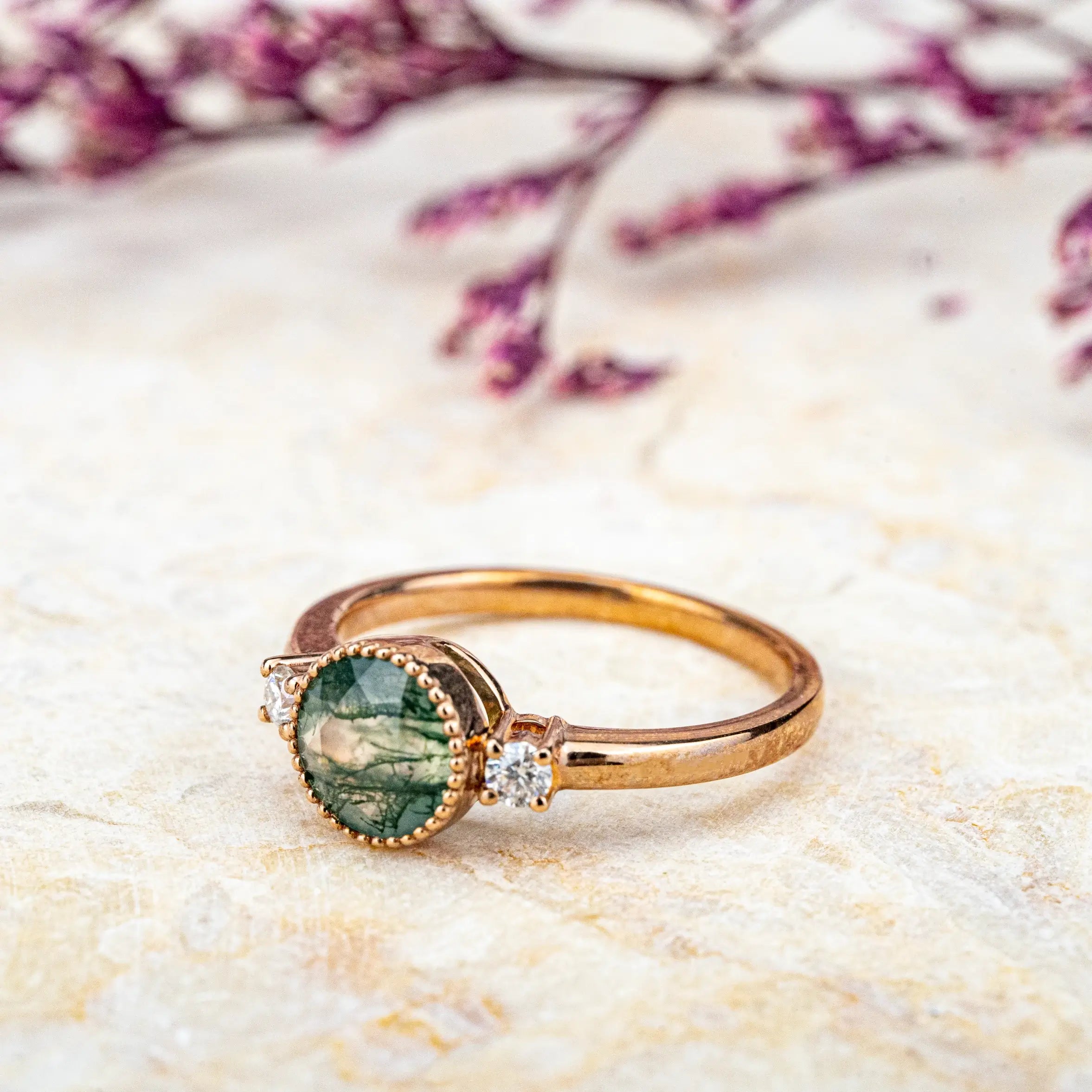 Minimalist Moss Agate Ring Three Stone Engagement Ring Custom UNique promise Ring