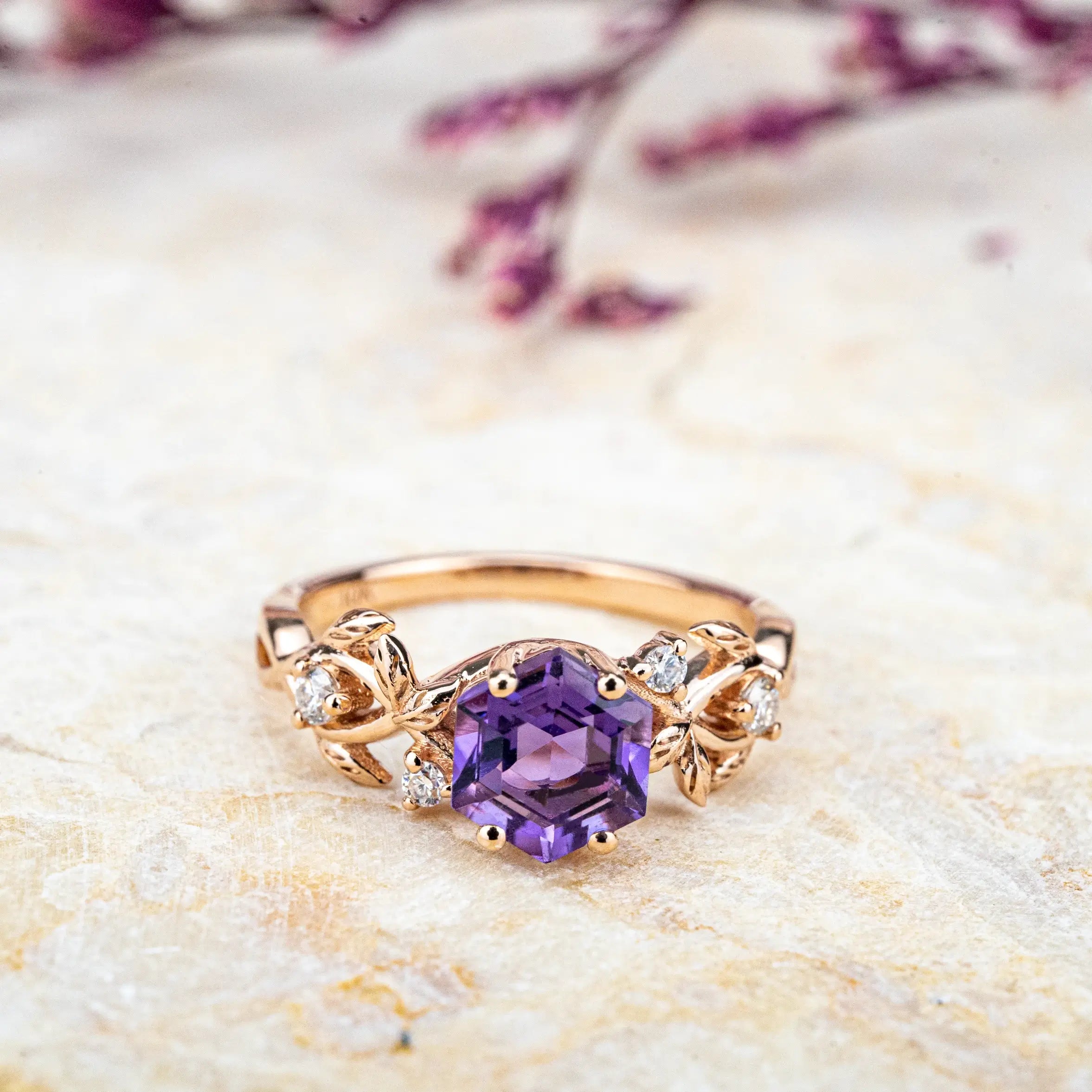 Exquisite 14k Gold Leaf-Inspired Engagement Ring with Unique Hexagon 5.5mm Alexandrite Sparkling Moissanite Accents Nature-Themed Elegance