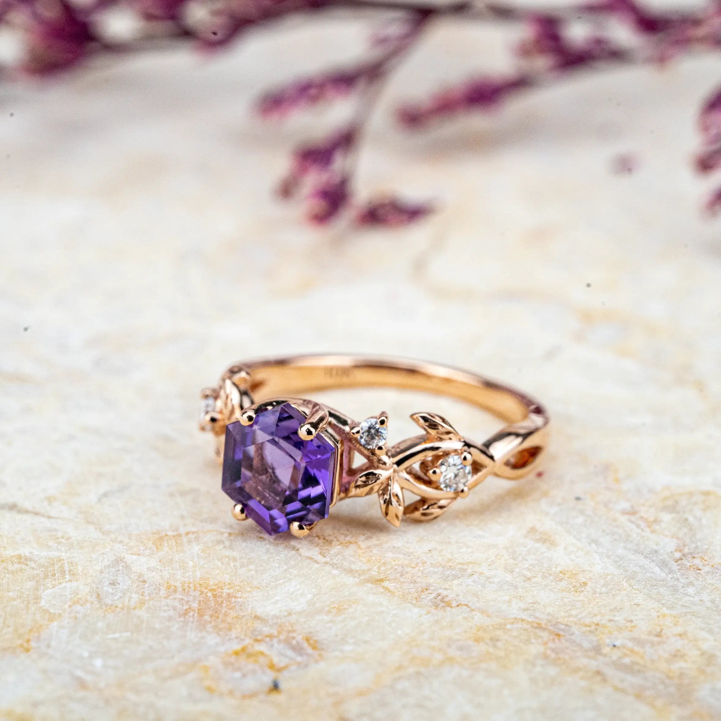 Exquisite 14k Gold Leaf-Inspired Engagement Ring with Unique Hexagon 5.5mm Alexandrite Sparkling Moissanite Accents Nature-Themed Elegance