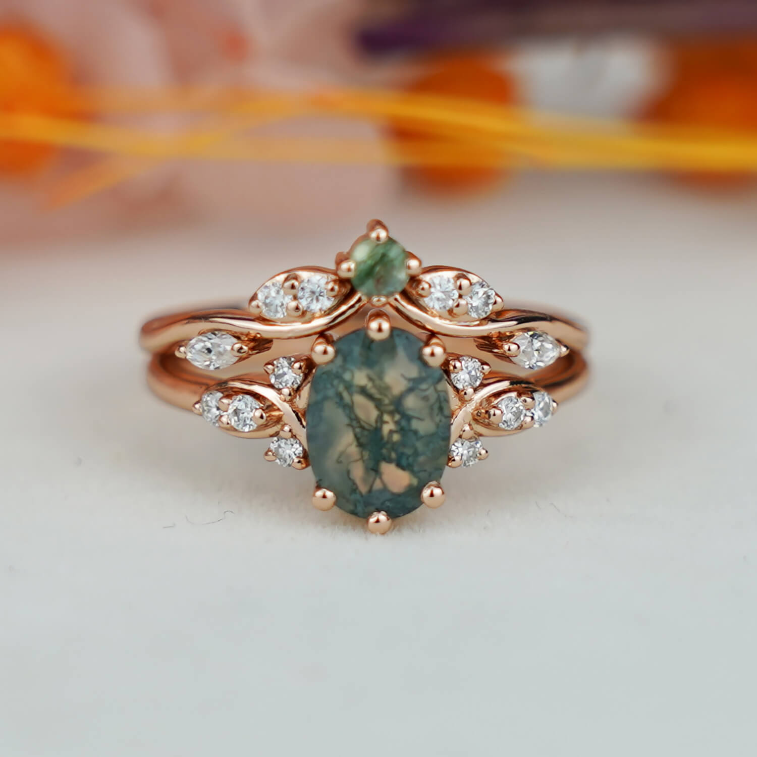 Vintage Oval Moss Agate Engagement Ring Set Bridal Sets