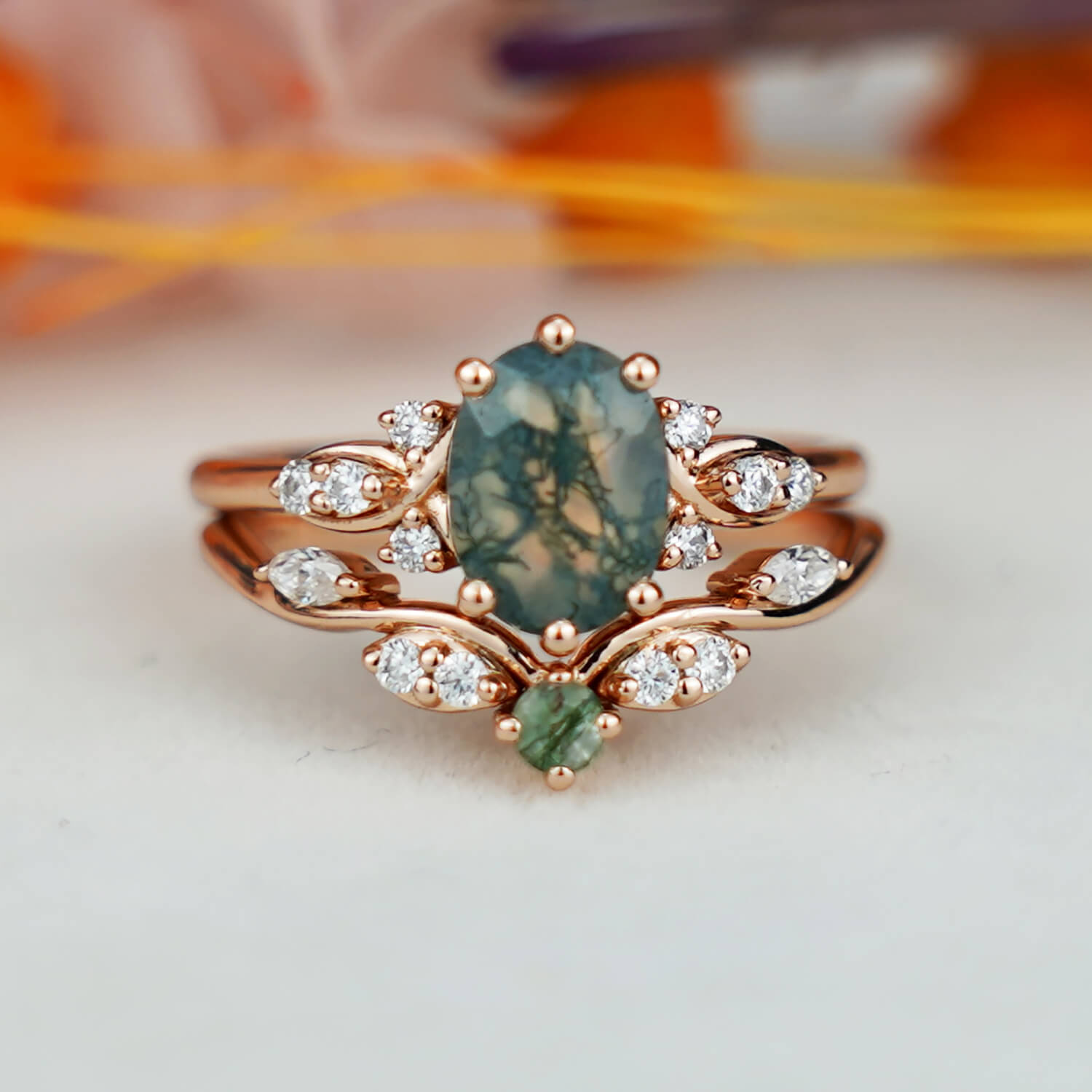 Vintage Oval Moss Agate Engagement Ring Set Bridal Sets Women Gold Unique Green Gemstone Promise Ring Cluster Ring Anniversary Ring Gift