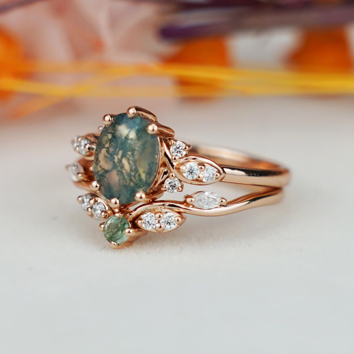 Vintage Oval Moss Agate Engagement Ring Set Bridal Sets ANNIVERSARY RING FOR HER