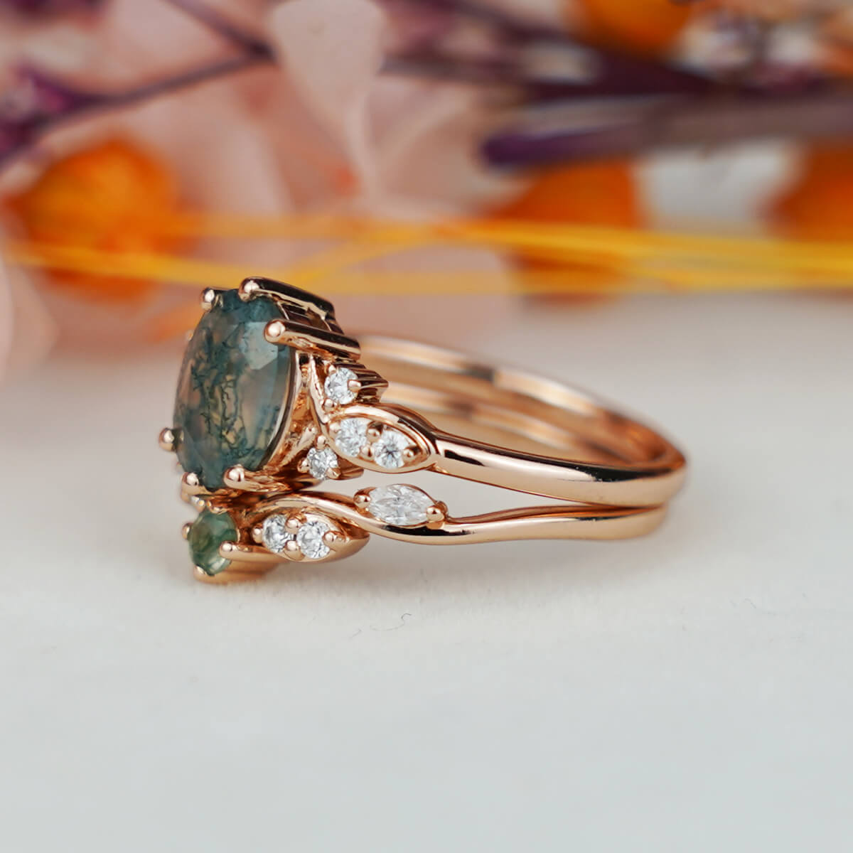 Vintage Oval Moss Agate Engagement Ring Set Bridal Sets