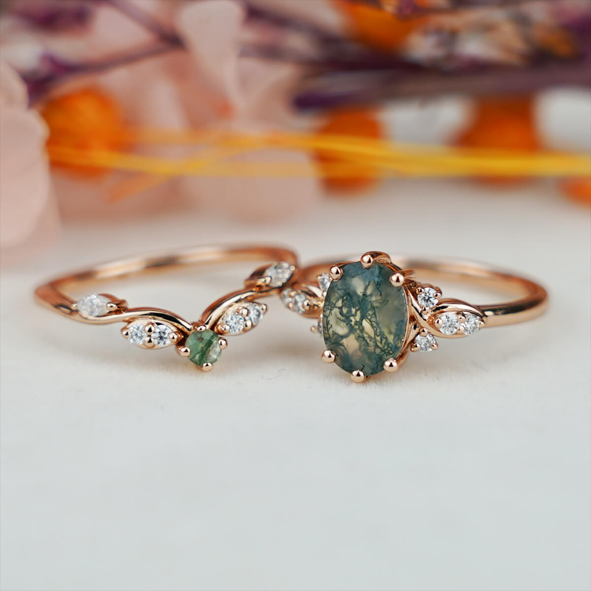 Vintage Oval Moss Agate Engagement Ring Set Bridal Sets promise ring for wife