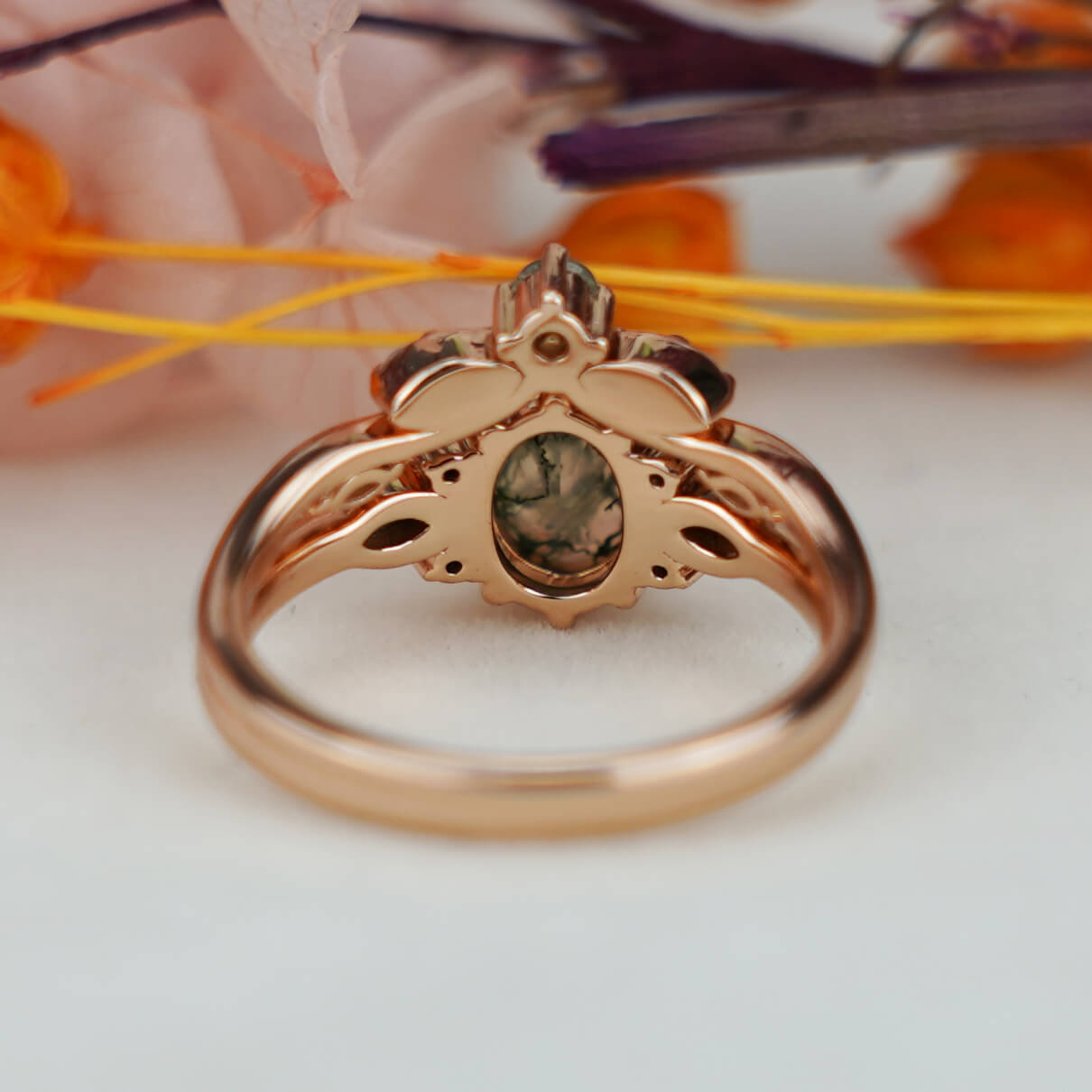 Vintage Oval Moss Agate Engagement Ring Set Bridal Sets