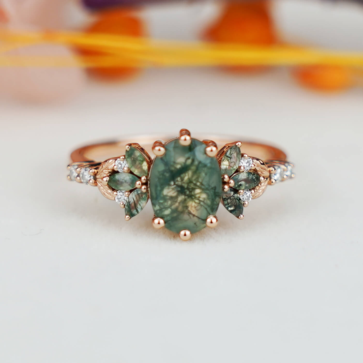 AurumLuminos Moss Agate Engagement Ring Oval Cluster Ring Promise Rings for Women Moissanite Ring Solid Gold Ring Vintage Moissanite Ring