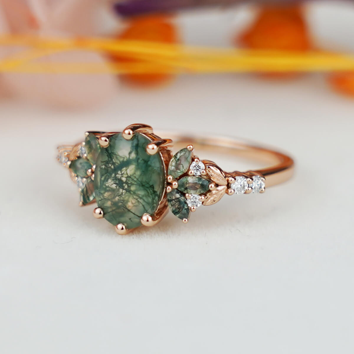 Unique Moss Agate Engagement Ring Oval Moissanite Ring Solid Gold Ring Vintage Moissanite Ring Diamond Cluster Ring Promise Rings for Women
