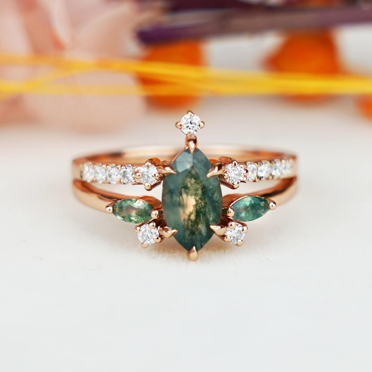 Unique Marquise Shaped Moss Agate Engagement Ring, High-end Jewelry Handmade Custome Ring 18k Solid Gold Ring, Anniversary Gift for Her
