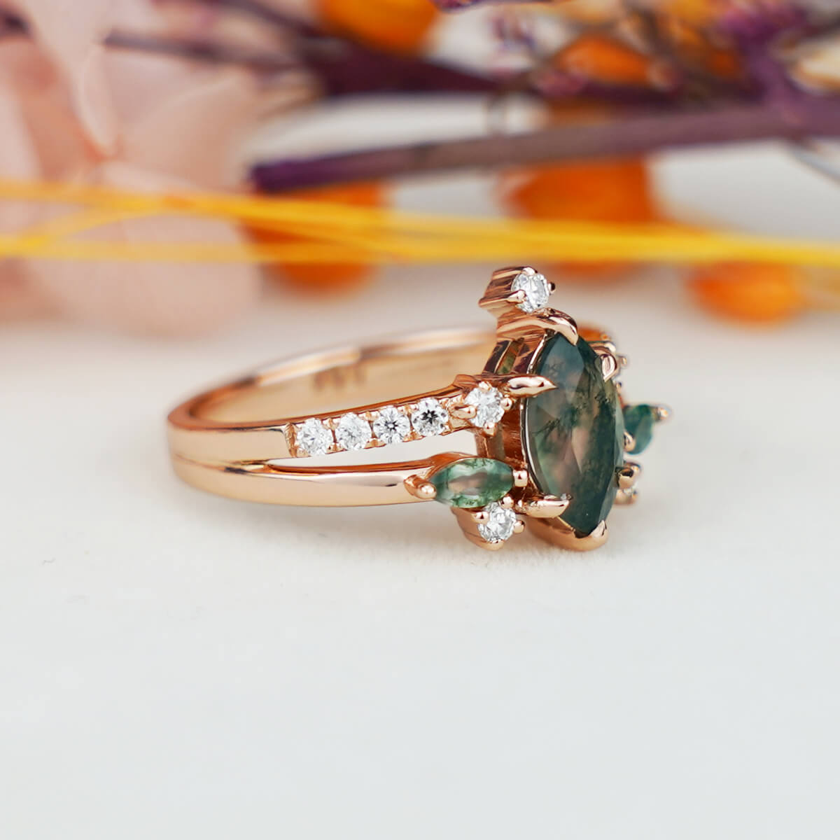 Unique Marquise Shaped Moss Agate Engagement Ring