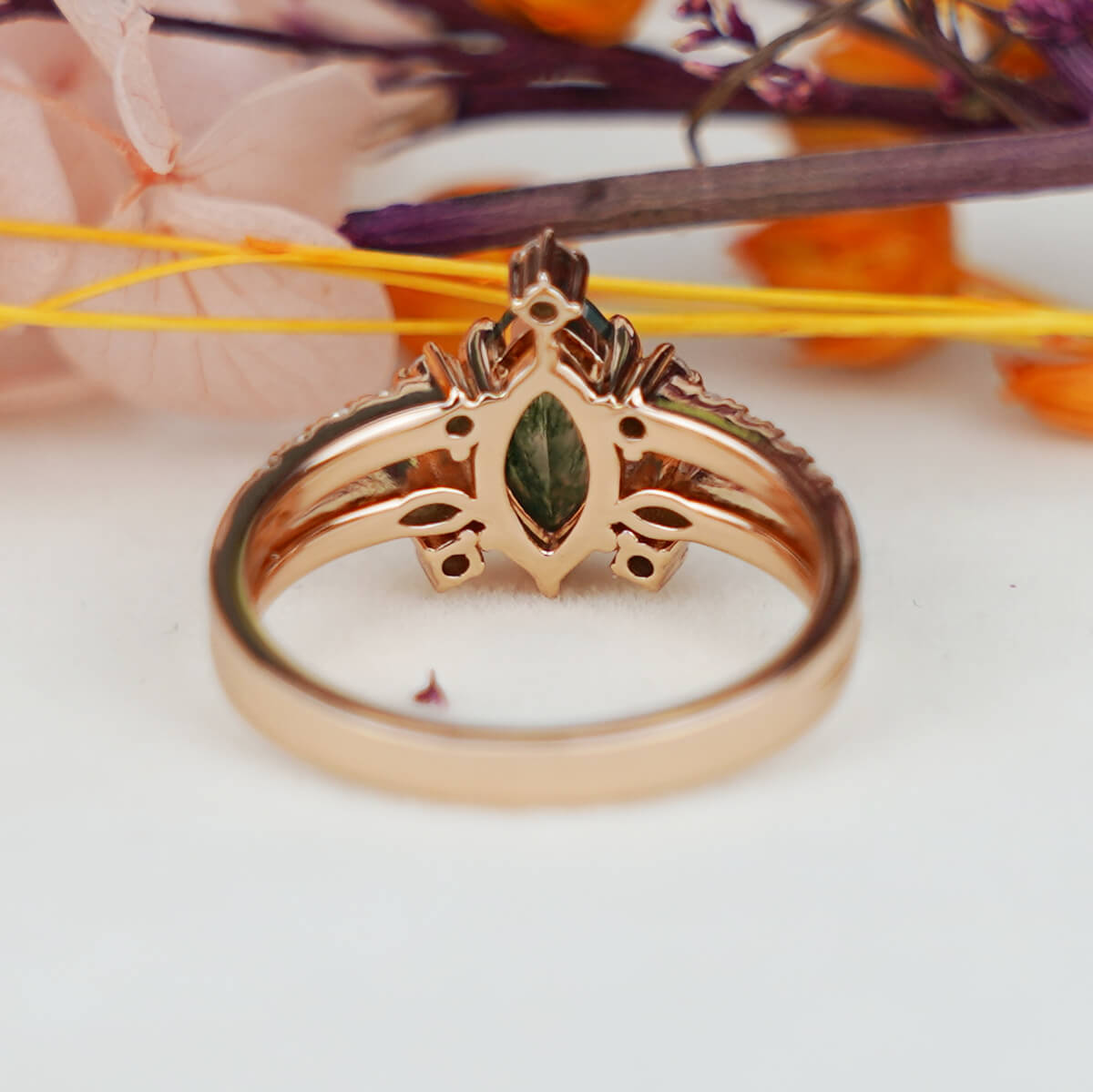 Unique Marquise Shaped Moss Agate Engagement Ring