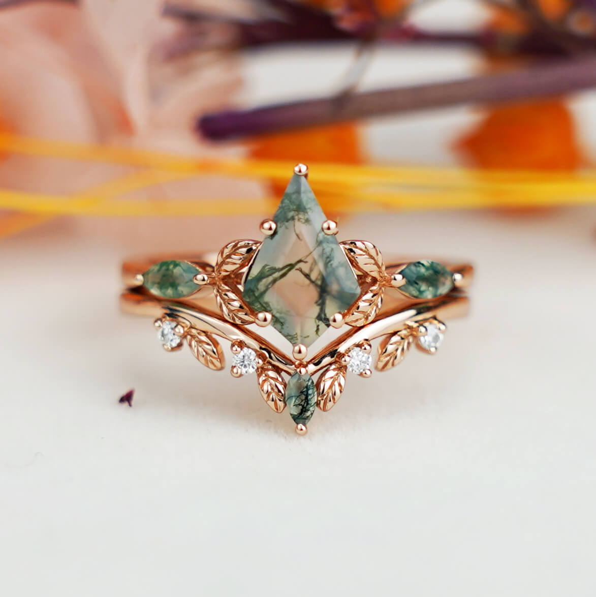 Leaf-Inspired Kite Cut Moss Agate Engagement Ring Set – A Unique, Natural and Handcrafted 14k Gold Treasure, Ideal Gift for Her